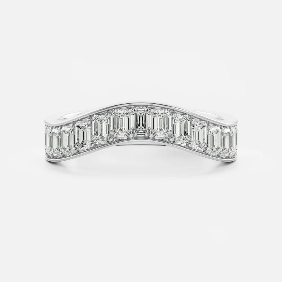Channel Set Emerald Cut Lab Grown Diamond Curved Wedding Band