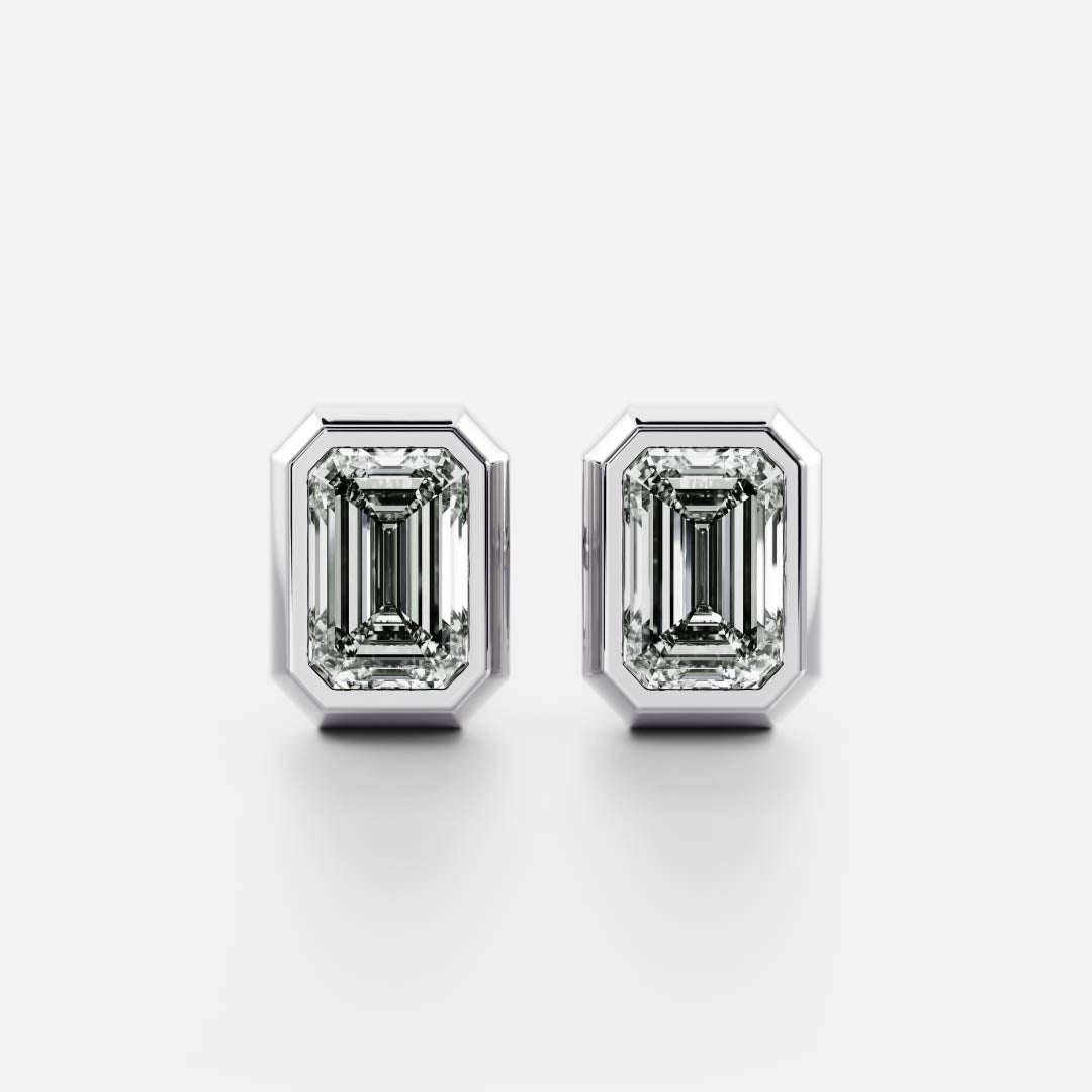 Lab Grown Diamond Stud - Emerald Cut Bezel Earrings