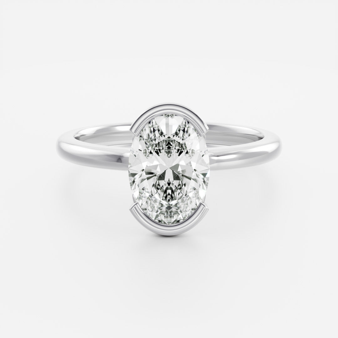 2.0CT Half Bezel Set Oval Lab Grown Diamond Solitaire Engagement Ring