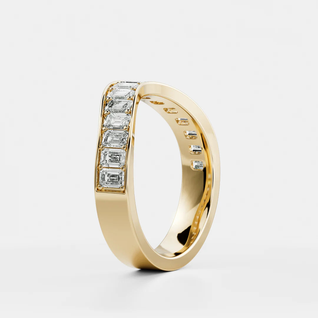 Channel Set Emerald Cut Lab Grown Diamond Curved Wedding Band