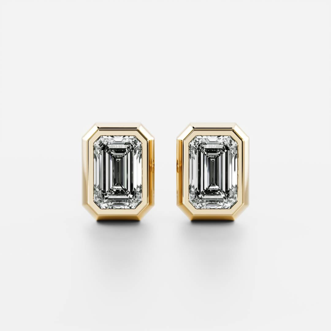 Lab Grown Diamond Stud - Emerald Cut Bezel Earrings