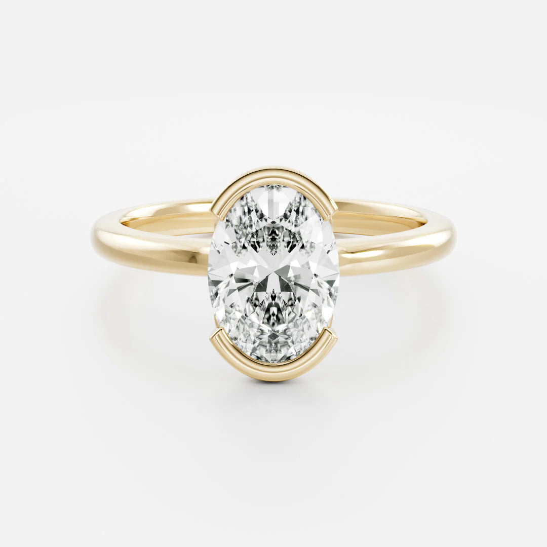 2.0CT Half Bezel Set Oval Lab Grown Diamond Solitaire Engagement Ring
