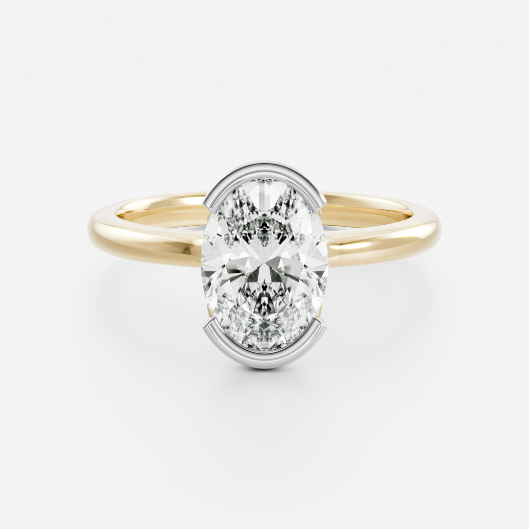2.0CT Half Bezel Set Oval Lab Grown Diamond Solitaire Engagement Ring