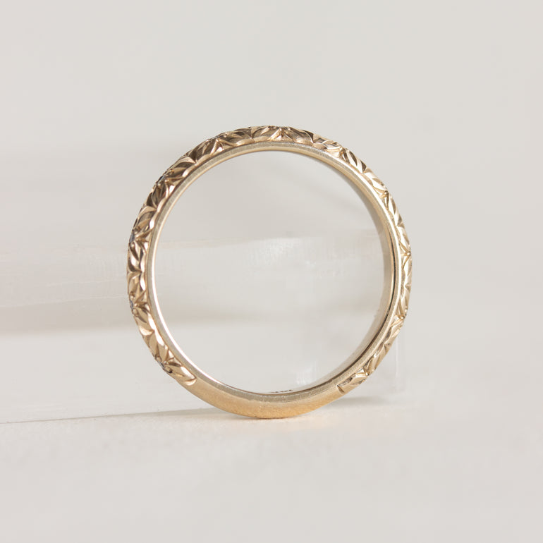 Round Lab Grown Diamond Floral Engraved Wedding Band