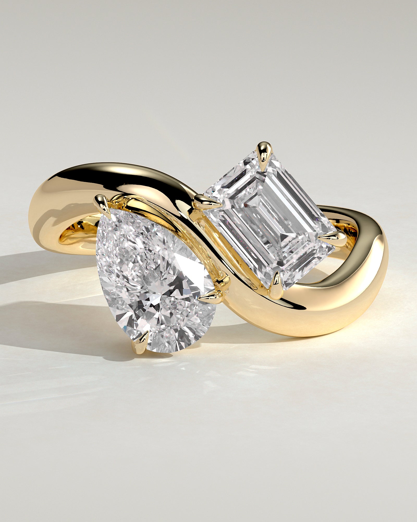 2.0CT Pear & 2.0CT Emerald Cut Lab Grown Diamond Toi et Moi Wave Band Engagement Ring