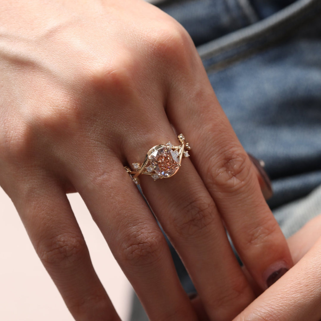 3.0CT Cushion Cut Pink Lab Grown Diamond Nature Inspired Leaf Engagement Ring
