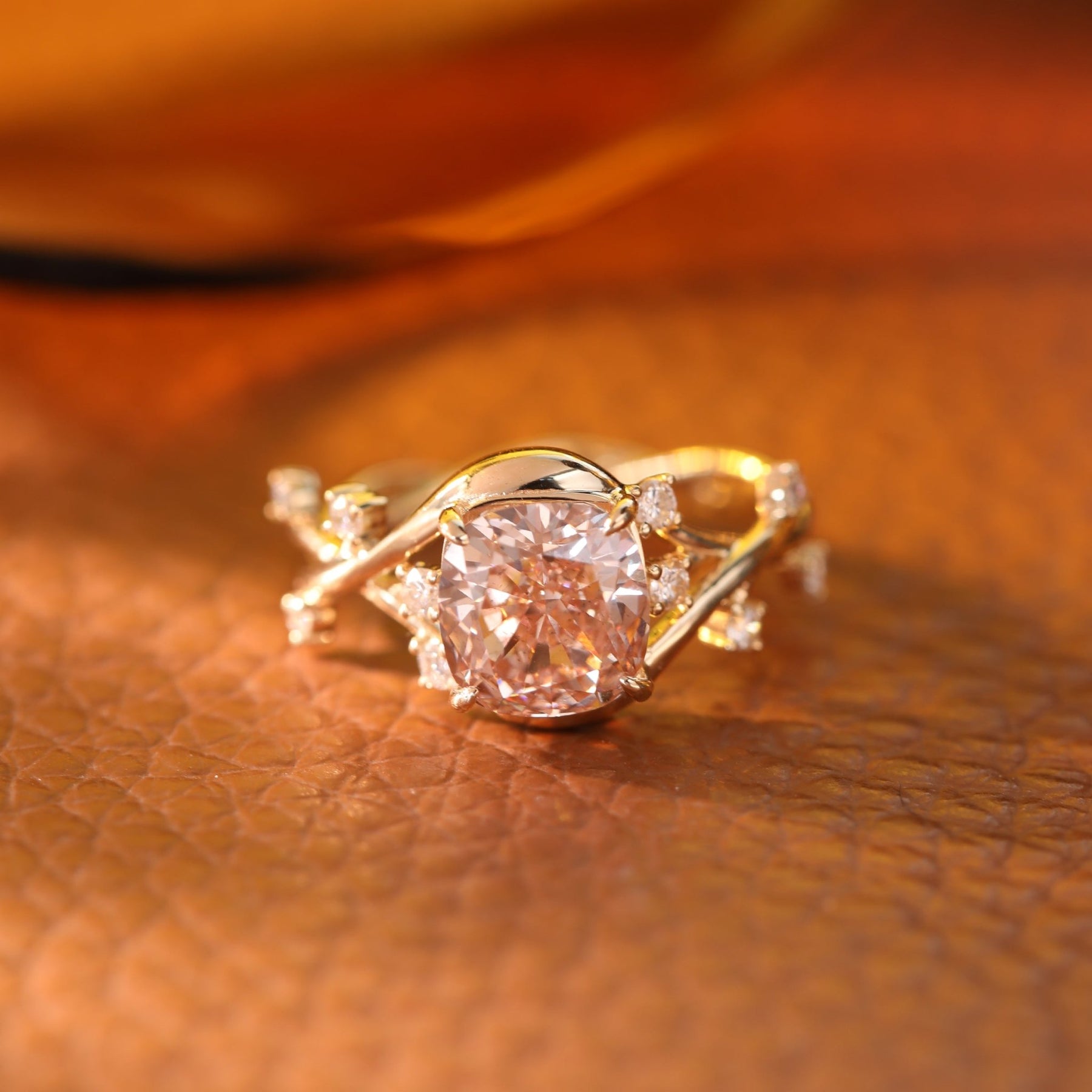 3.0CT Cushion Cut Pink Lab Grown Diamond Nature Inspired Leaf Engagement Ring
