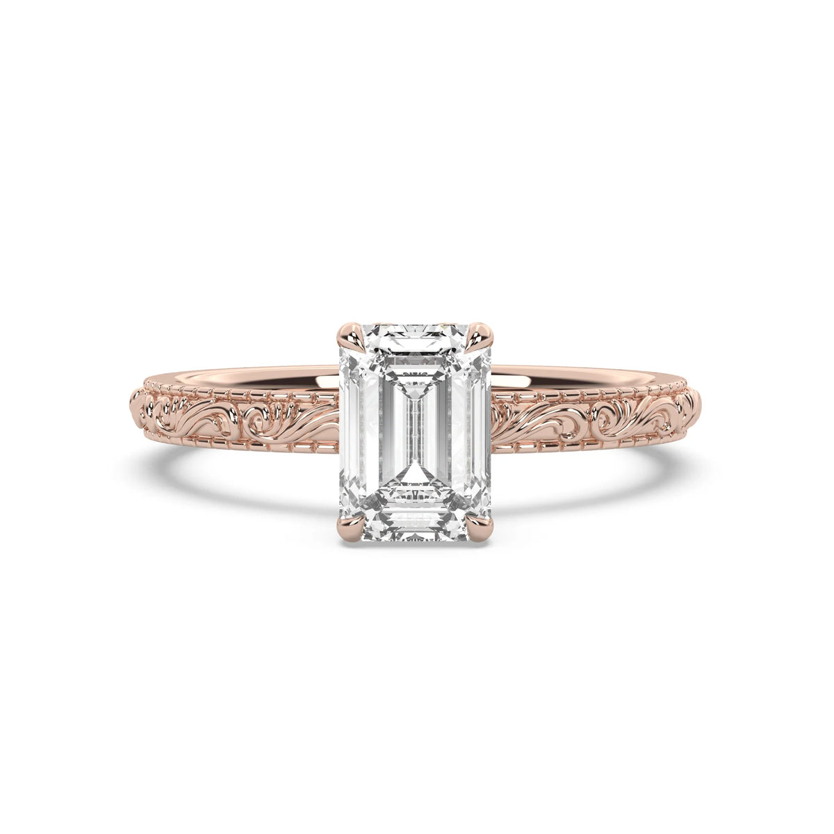 2.0CT Emerald Cut Lab Grown Diamond Scroll Engraved Hidden Halo Engagement Ring