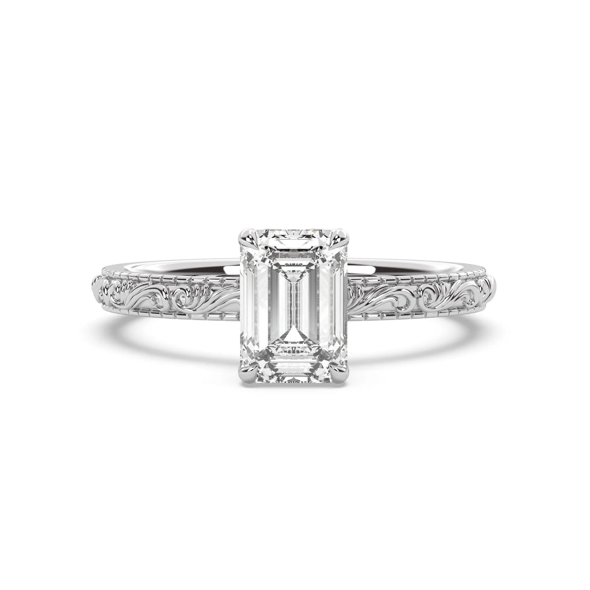 2.0CT Emerald Cut Lab Grown Diamond Scroll Engraved Hidden Halo Engagement Ring