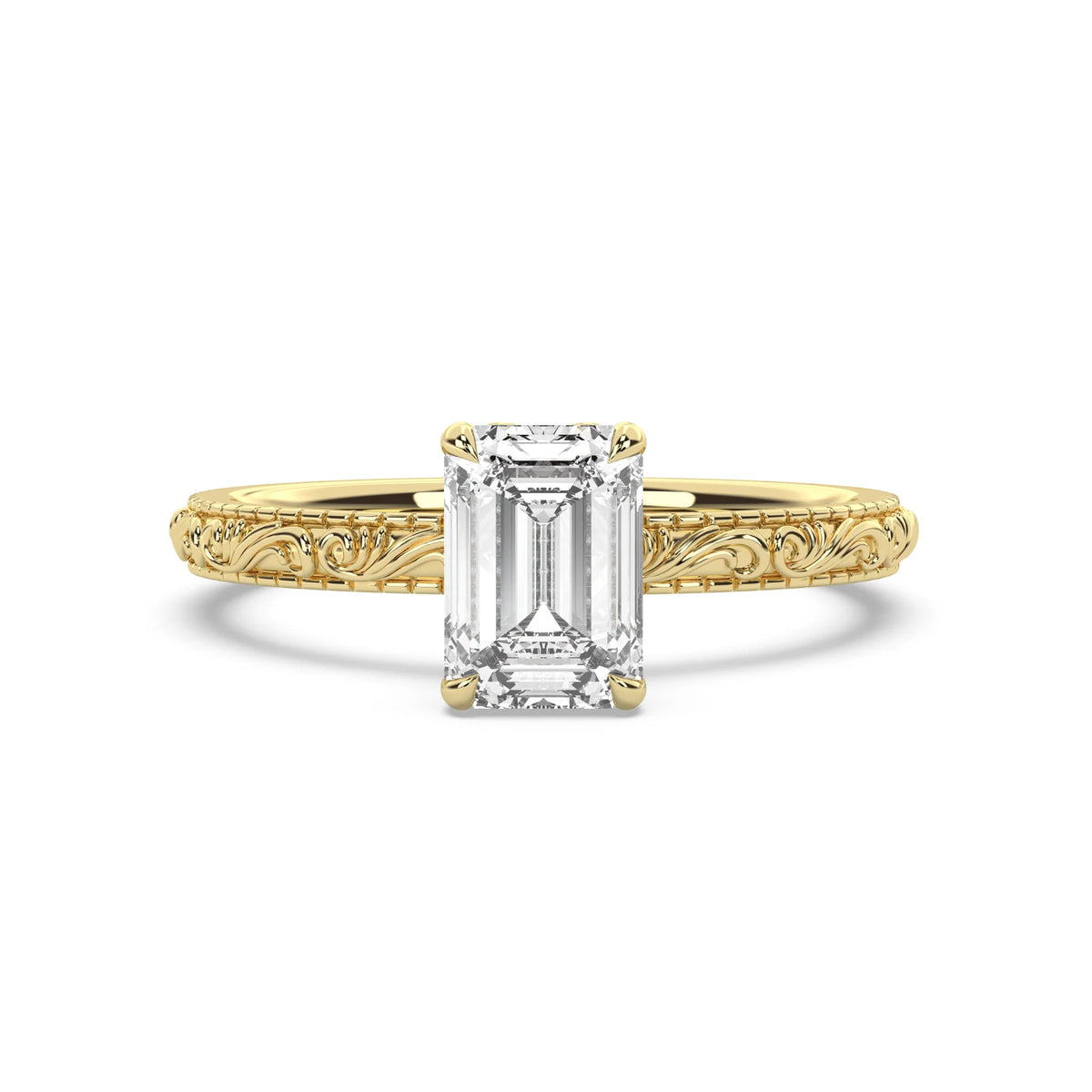 2.0CT Emerald Cut Lab Grown Diamond Scroll Engraved Hidden Halo Engagement Ring