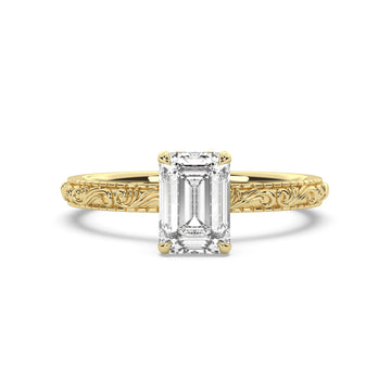 2.0CT Emerald Cut Lab Grown Diamond Scroll Engraved Hidden Halo Engagement Ring