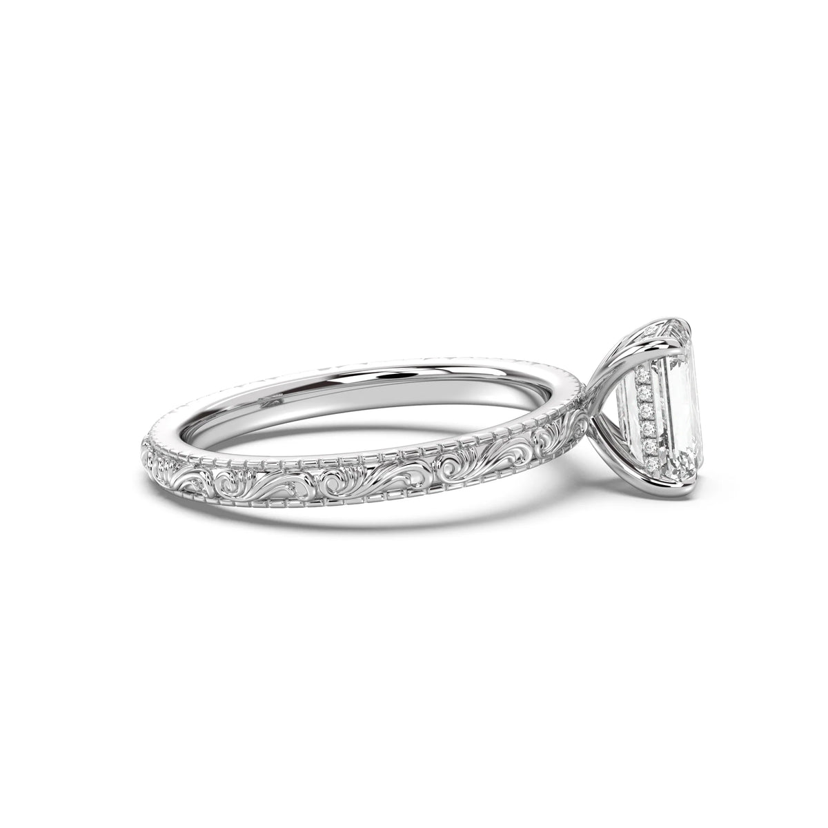 2.0CT Emerald Cut Lab Grown Diamond Scroll Engraved Hidden Halo Engagement Ring