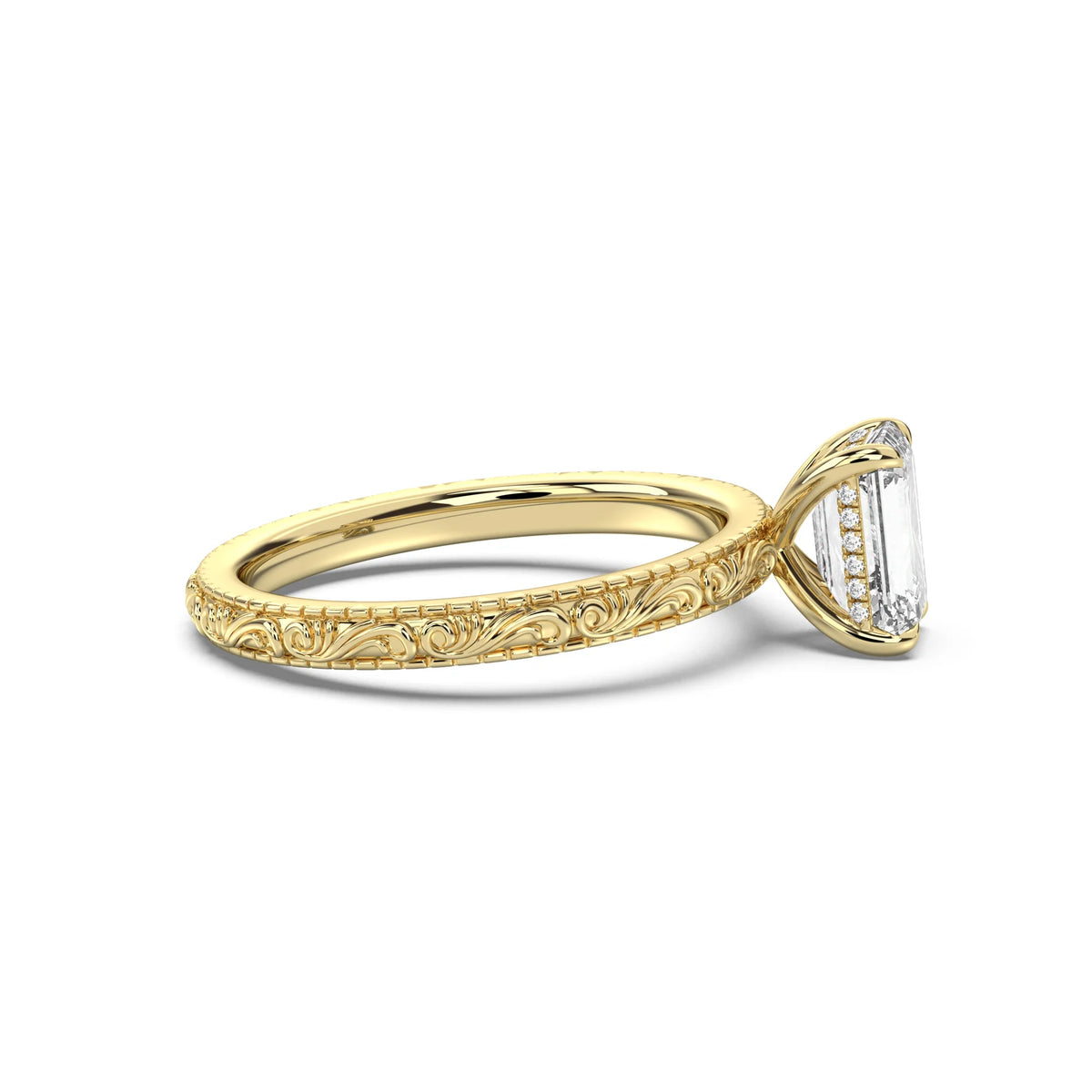 2.0CT Emerald Cut Lab Grown Diamond Scroll Engraved Hidden Halo Engagement Ring