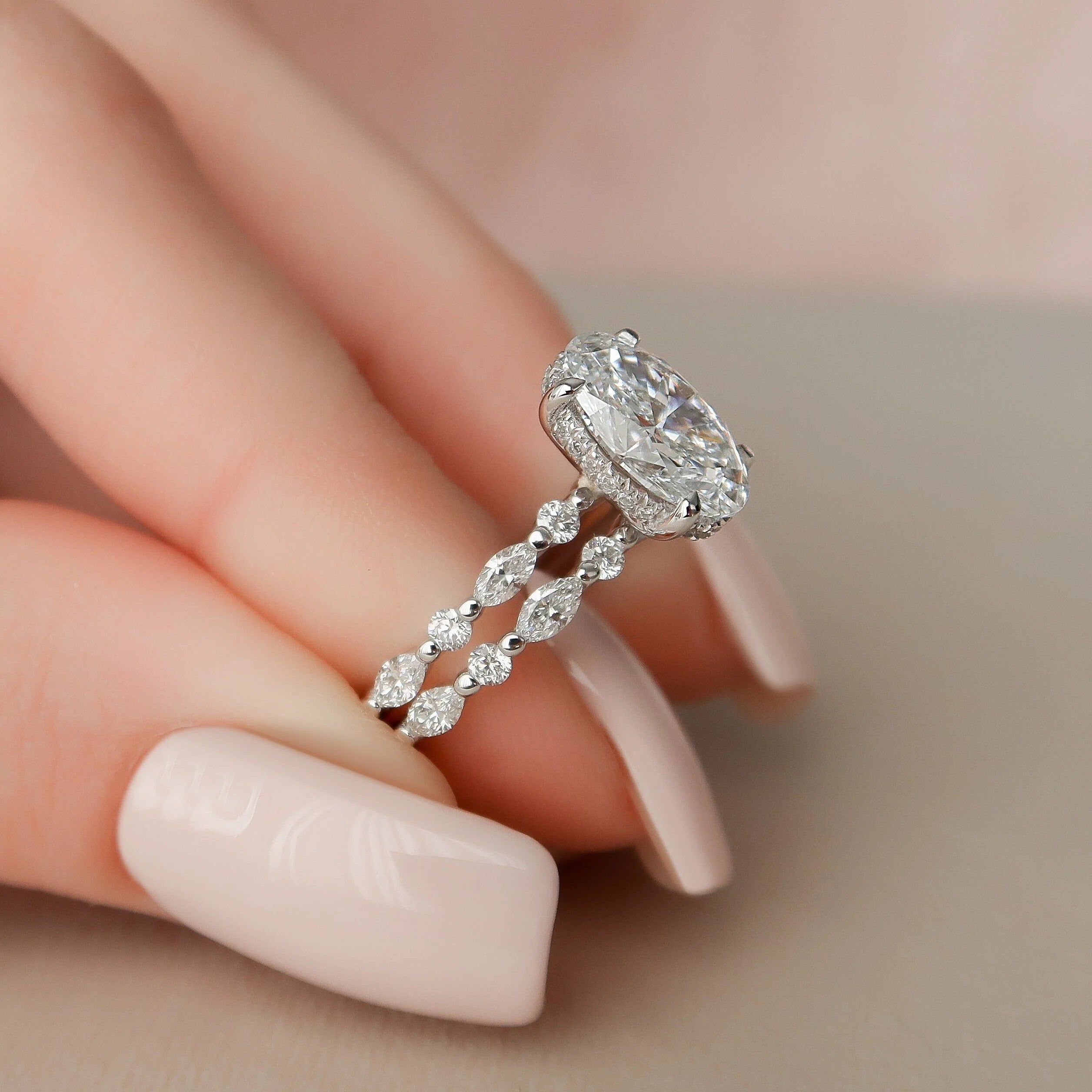 2.50CT Oval Lab Grown Diamond Hidden Halo Pave Engagement Ring With Floating Bubble Band