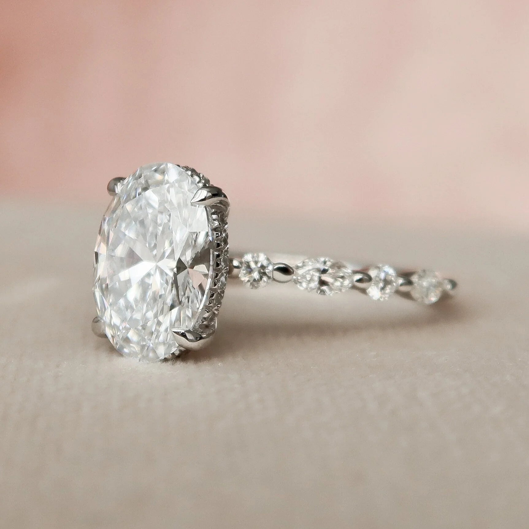 2.50CT Oval Lab Grown Diamond Hidden Halo Pave Engagement Ring With Floating Bubble Band