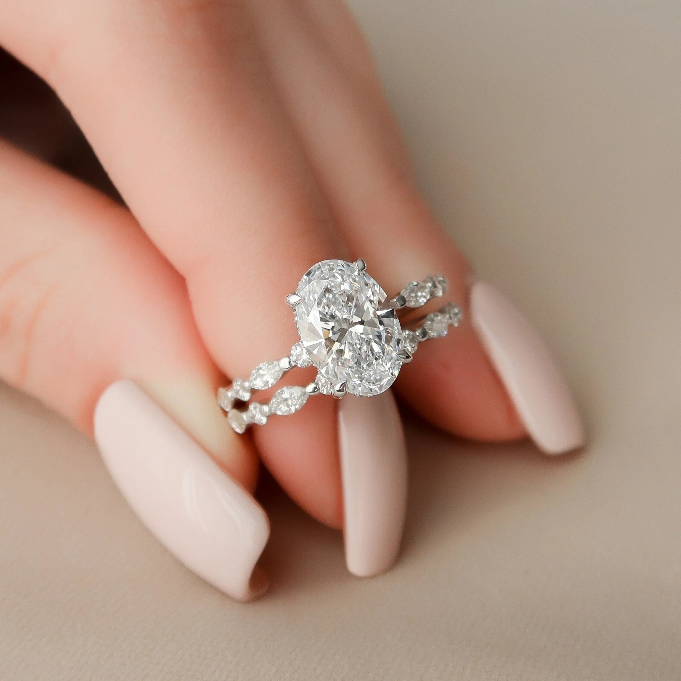 2.50CT Oval Lab Grown Diamond Hidden Halo Pave Engagement Ring With Floating Bubble Band