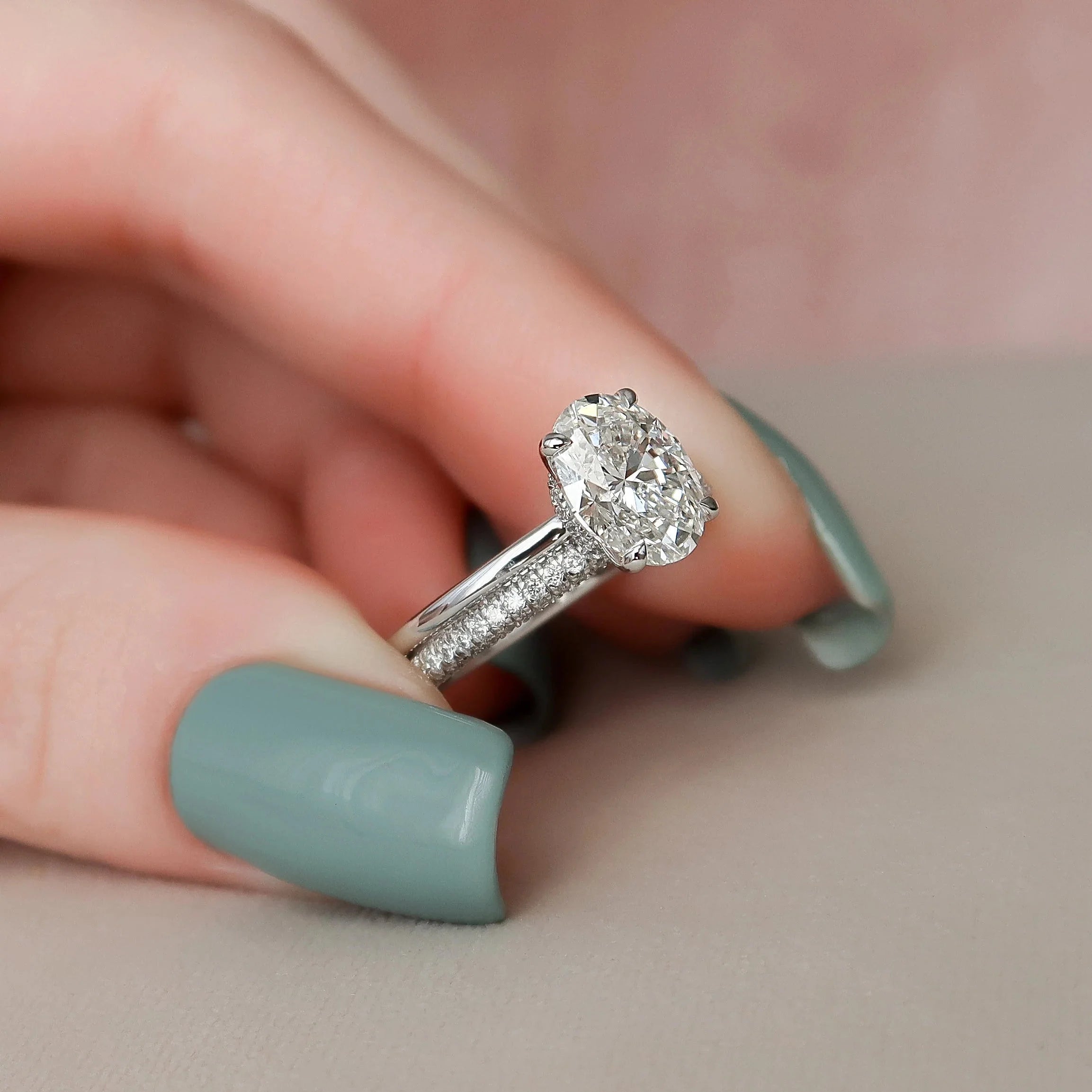 2.0CT Oval Lab Grown Diamond Hidden Halo Solitaire Engagement Ring With Eternity Band