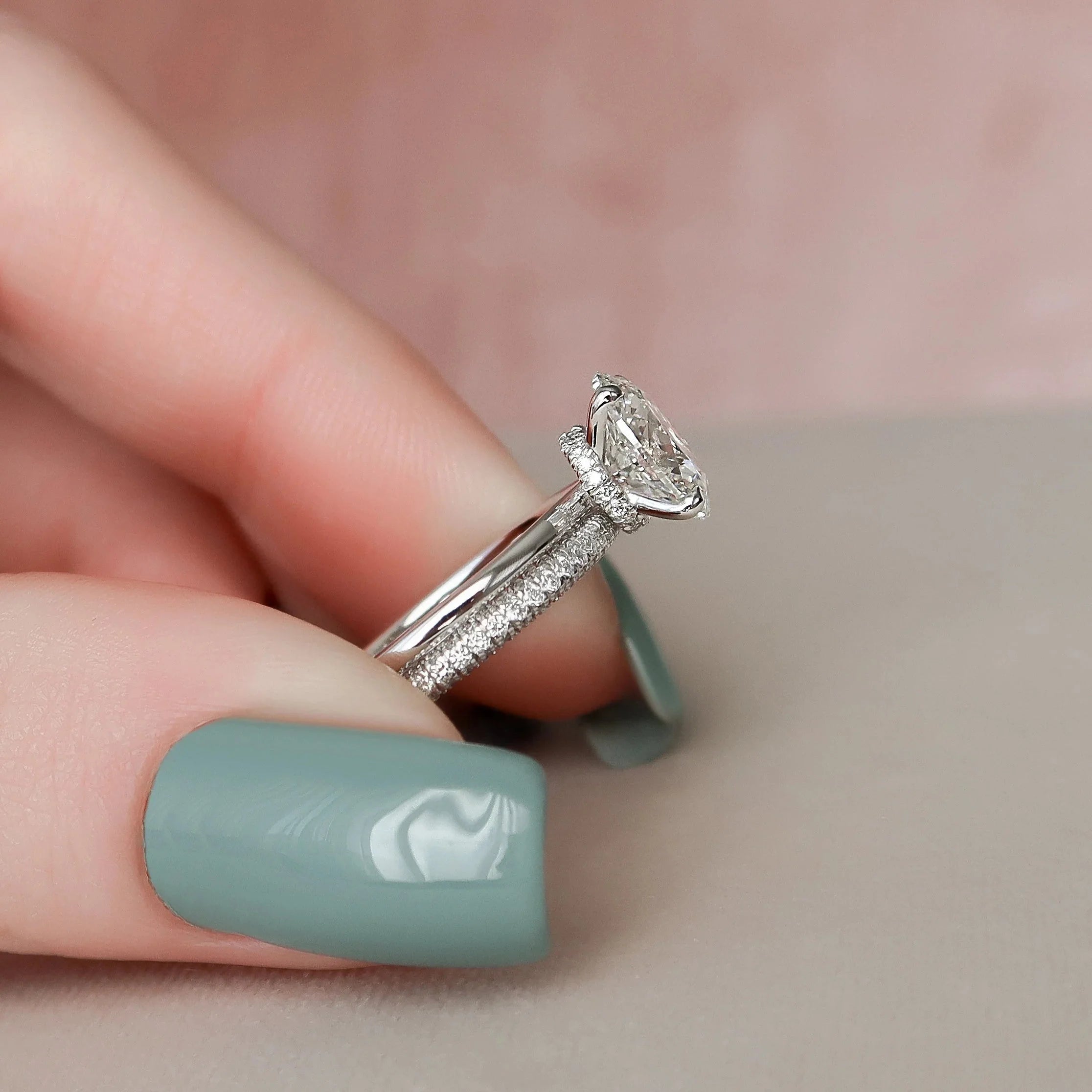 2.0CT Oval Lab Grown Diamond Hidden Halo Solitaire Engagement Ring With Eternity Band