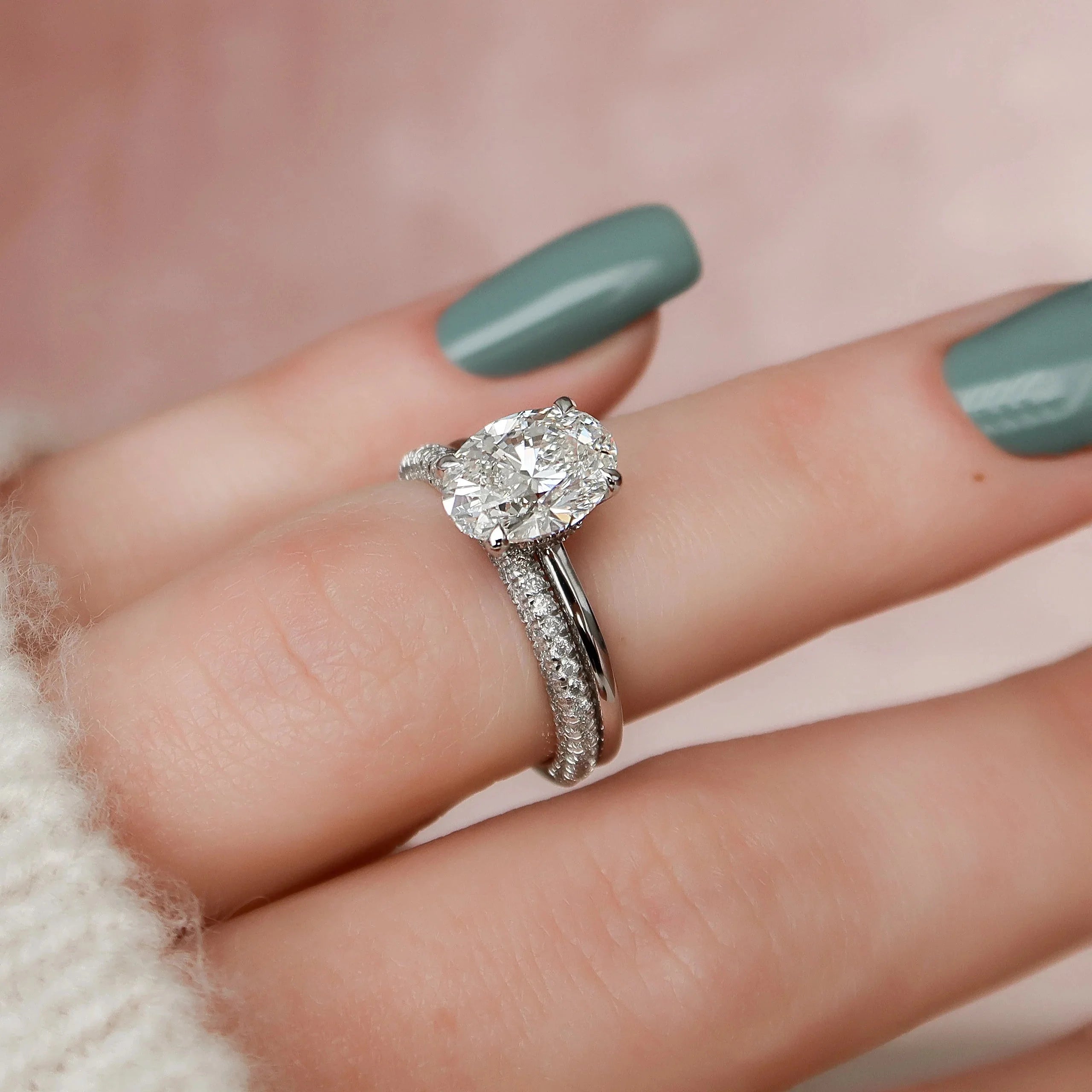 2.0CT Oval Lab Grown Diamond Hidden Halo Solitaire Engagement Ring With Eternity Band