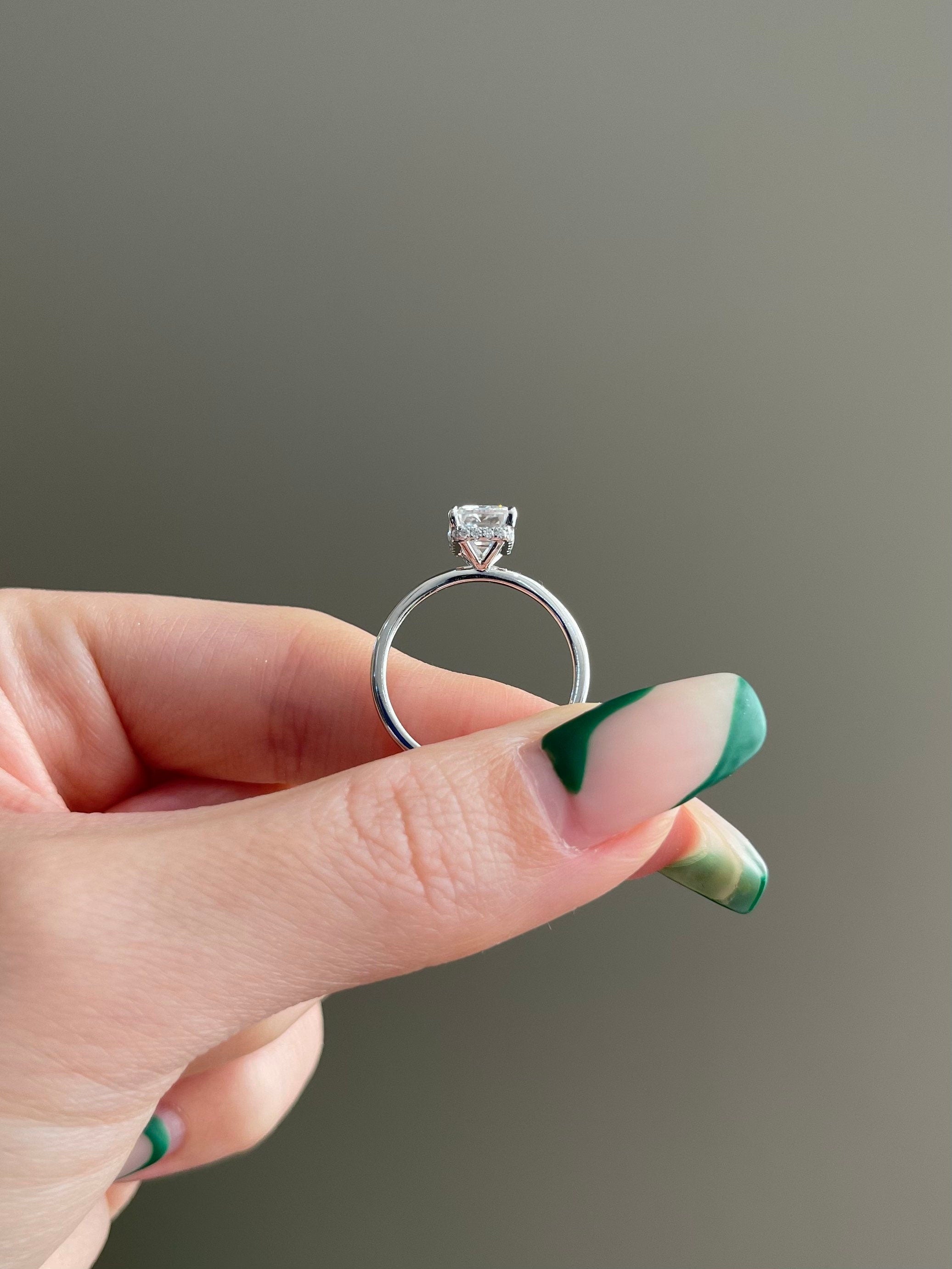2.0CT Emerald Cut Lab Grown Diamond Hidden Halo Solitaire Engagement Ring