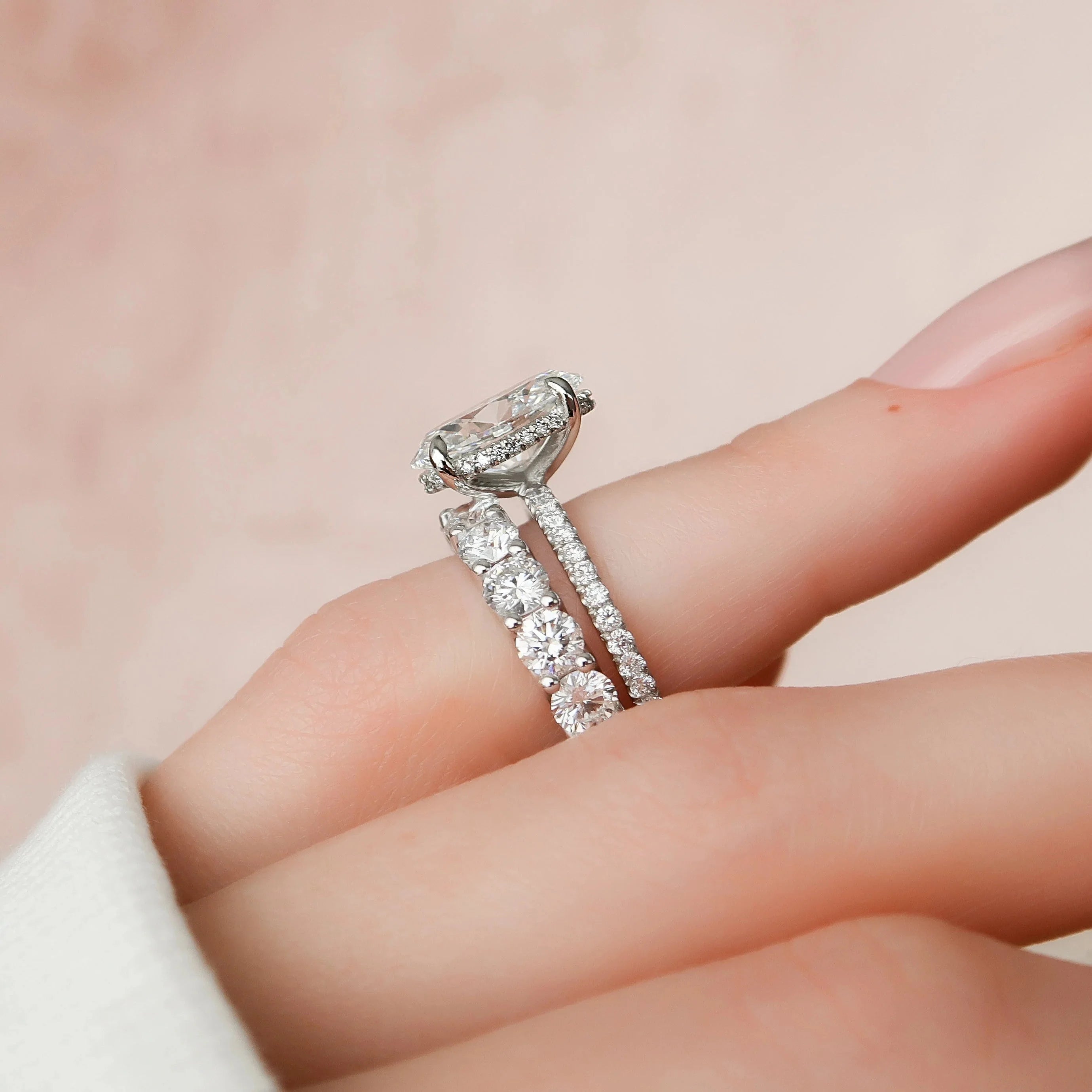 3.0CT Oval Lab Grown Diamond Hidden Halo Pave Engagement Ring With Full Eternity Band
