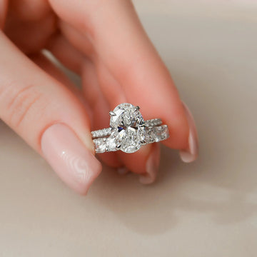 3.0CT Oval Lab Grown Diamond Hidden Halo Pave Engagement Ring With Full Eternity Band