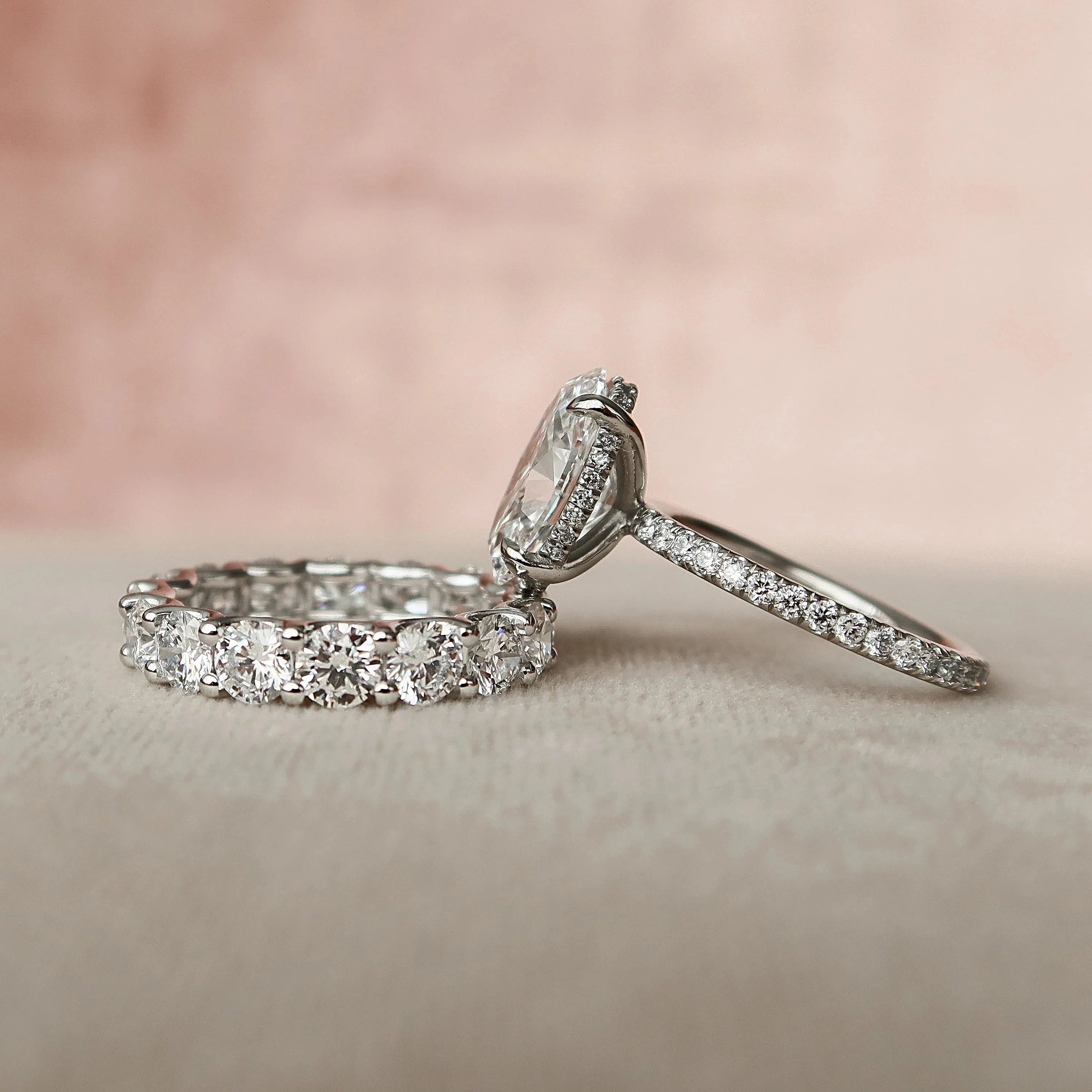 3.0CT Oval Lab Grown Diamond Hidden Halo Pave Engagement Ring With Full Eternity Band