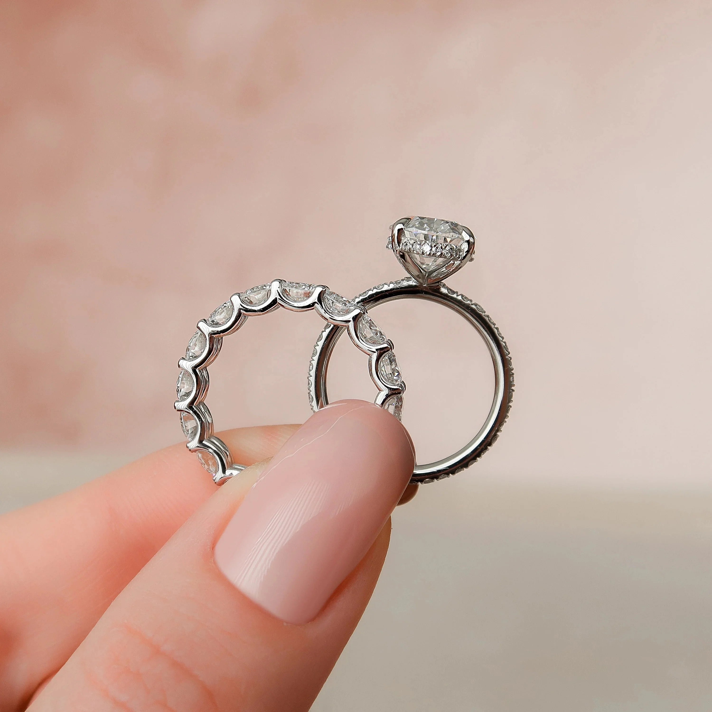 3.0CT Oval Lab Grown Diamond Hidden Halo Pave Engagement Ring With Full Eternity Band