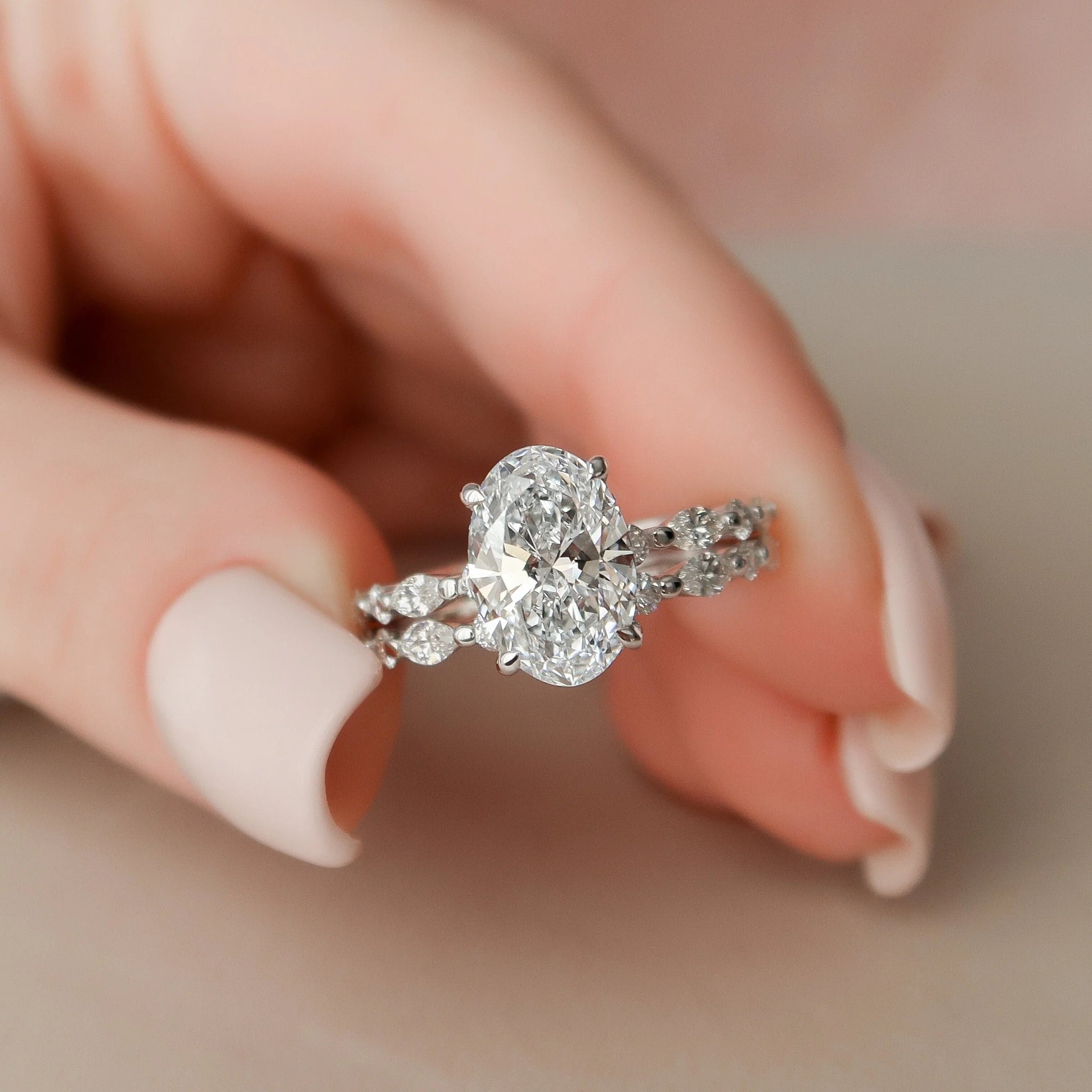 2.50CT Oval Lab Grown Diamond Hidden Halo Pave Engagement Ring With Floating Bubble Band