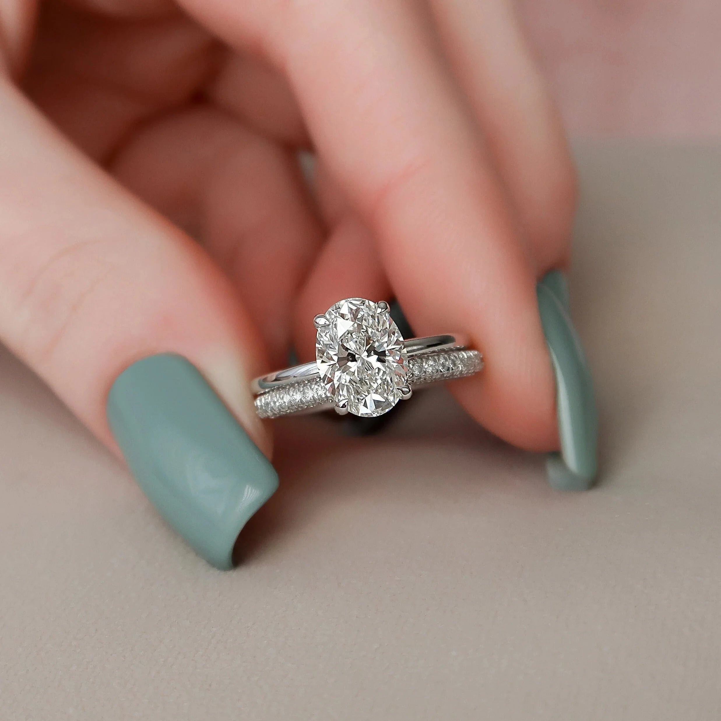 2.0CT Oval Lab Grown Diamond Hidden Halo Solitaire Engagement Ring With Eternity Band