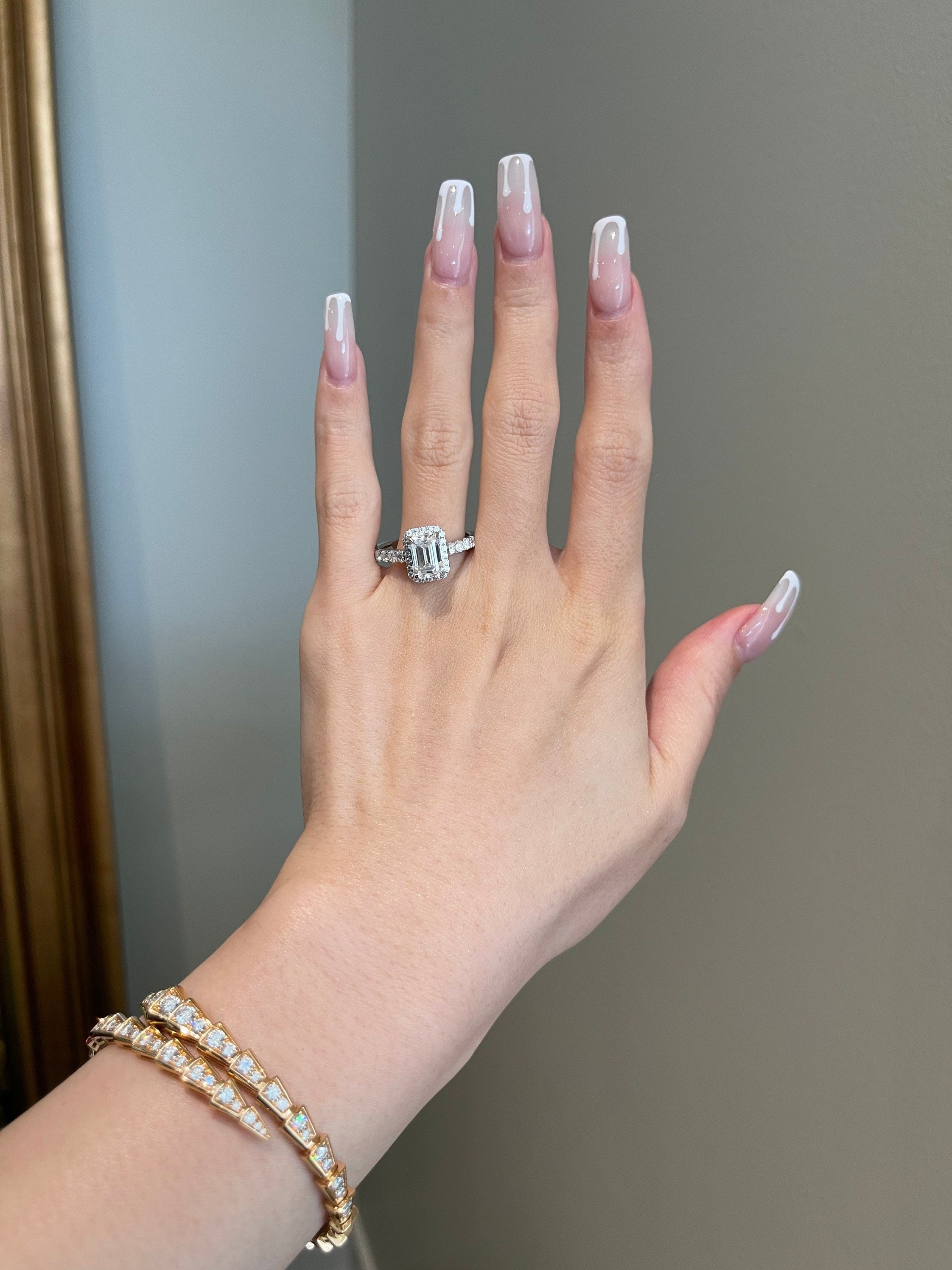 2.0CT Emerald Cut Lab Grown Diamond Halo Pave Engagement Ring