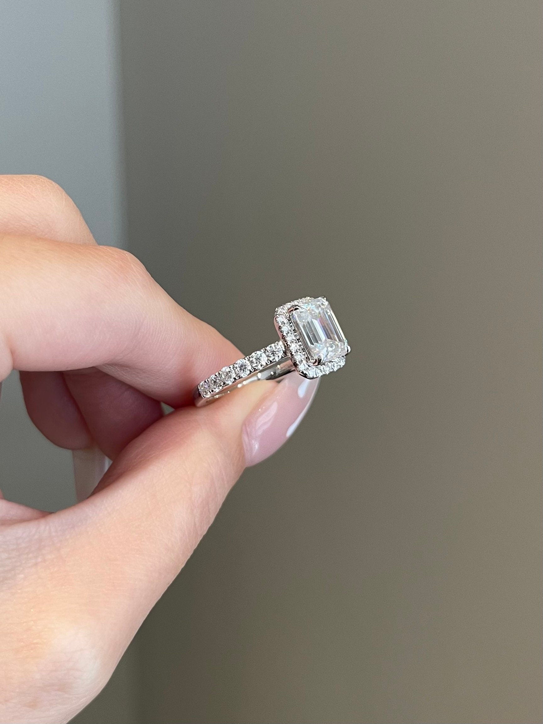 2.0CT Emerald Cut Lab Grown Diamond Halo Pave Engagement Ring