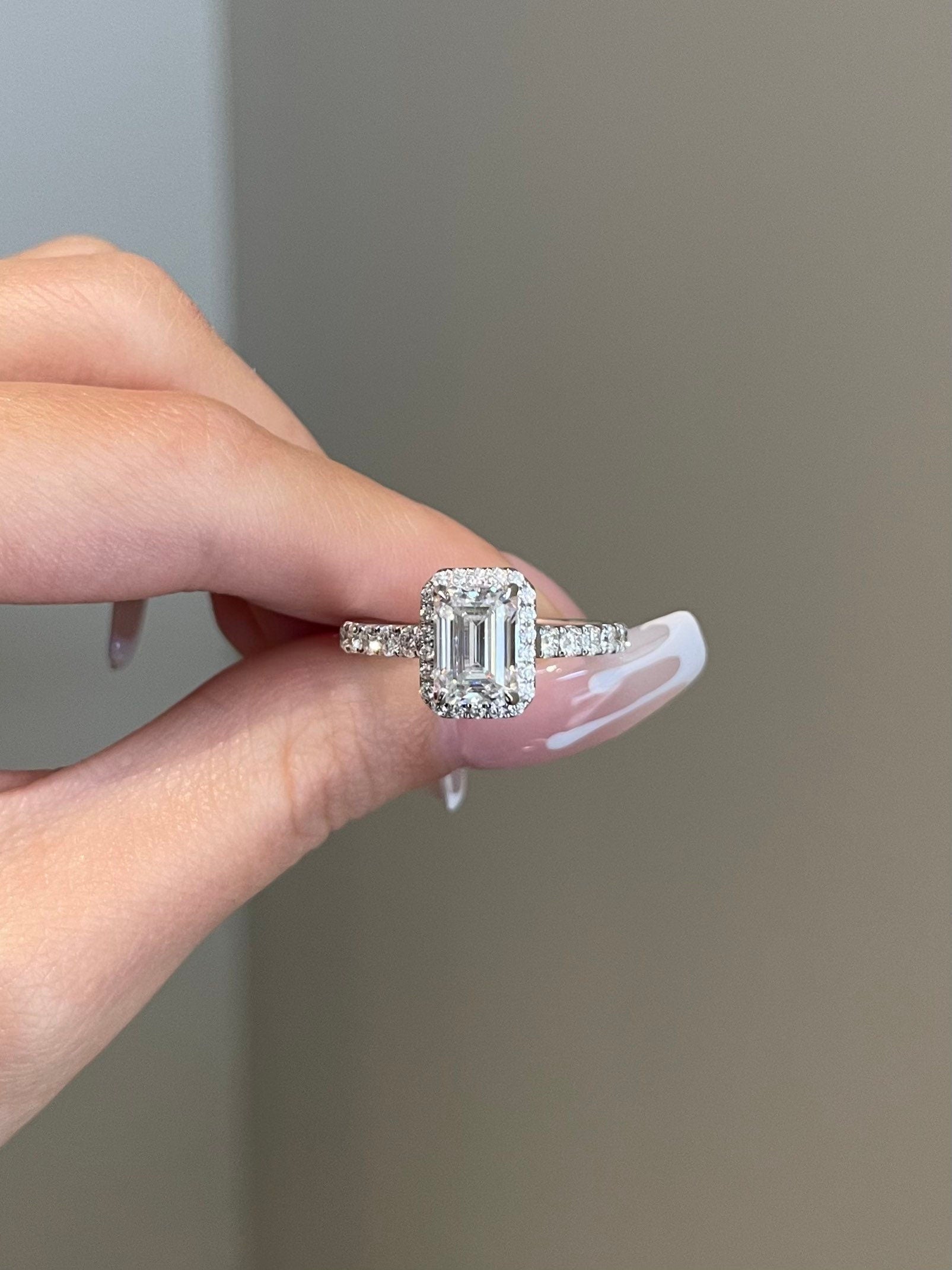 2.0CT Emerald Cut Lab Grown Diamond Halo Pave Engagement Ring