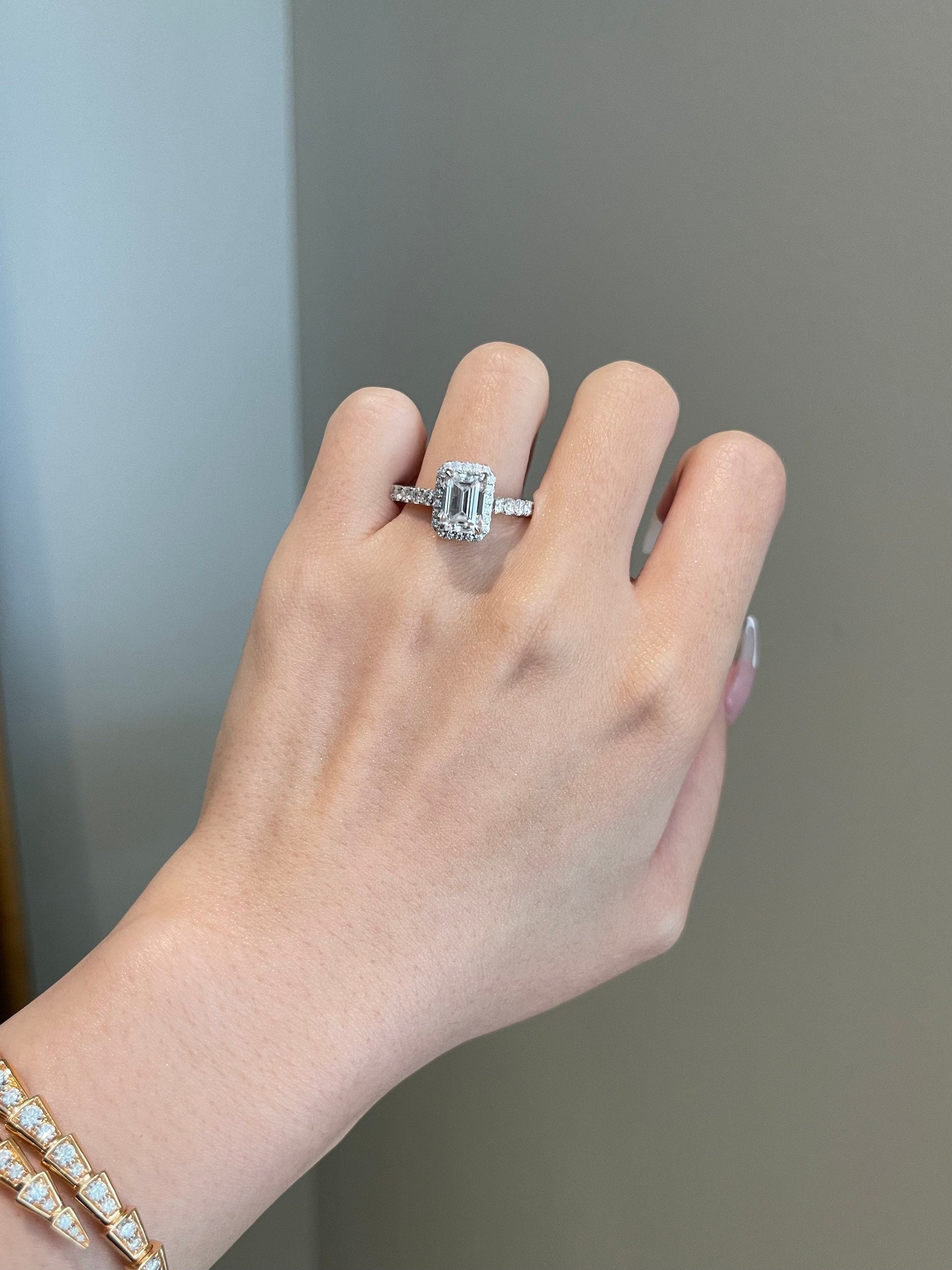2.0CT Emerald Cut Lab Grown Diamond Halo Pave Engagement Ring