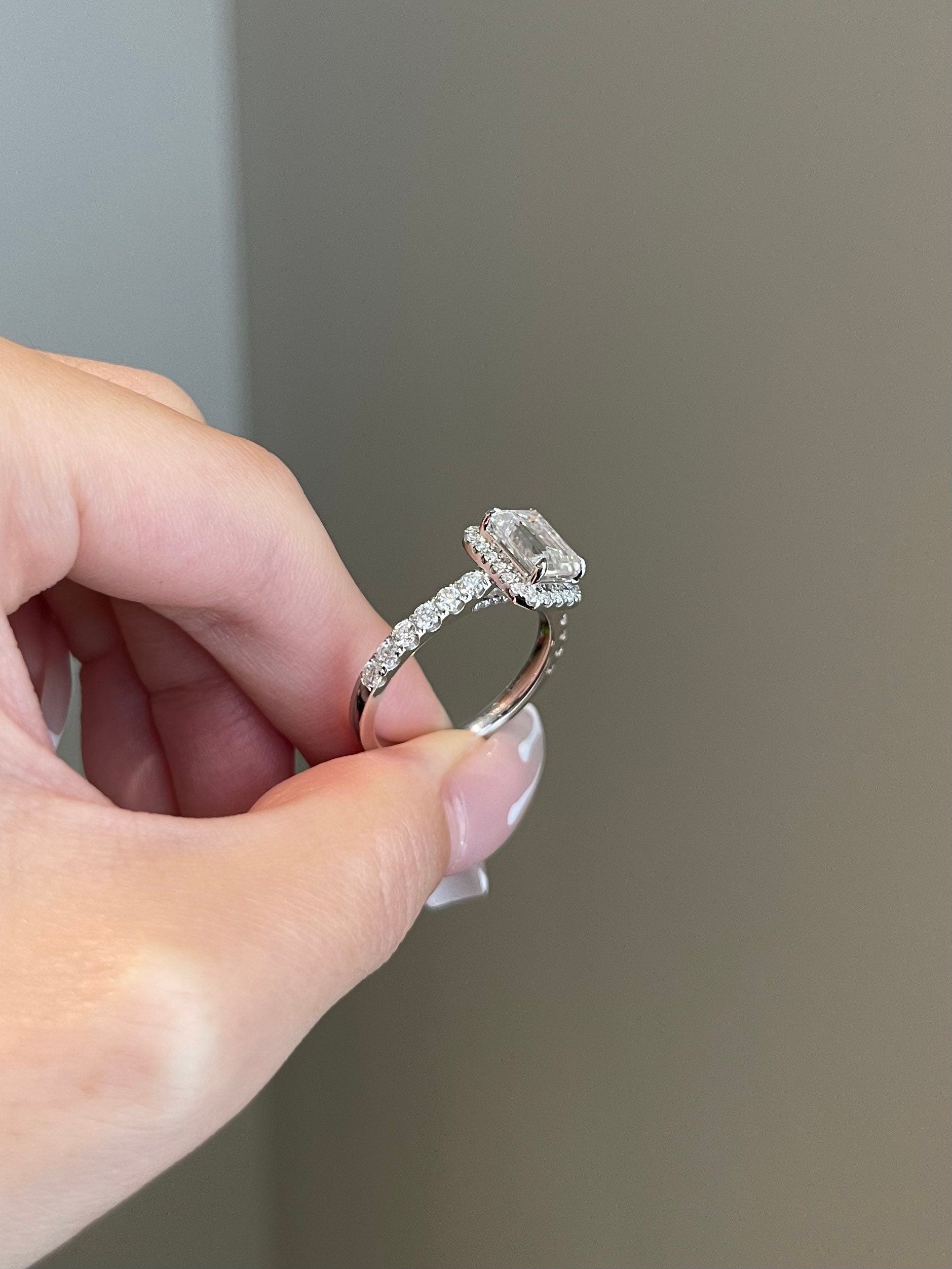 2.0CT Emerald Cut Lab Grown Diamond Halo Pave Engagement Ring