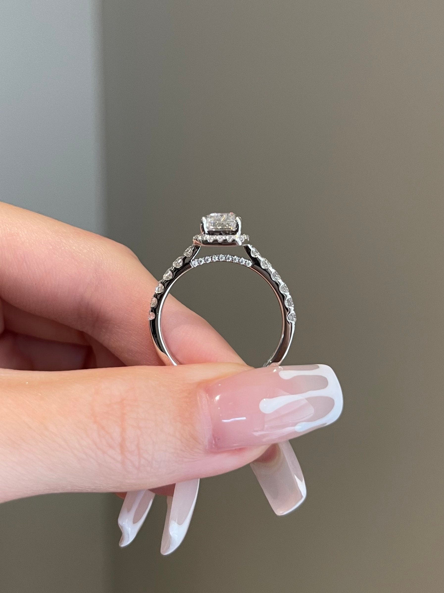 2.0CT Emerald Cut Lab Grown Diamond Halo Pave Engagement Ring