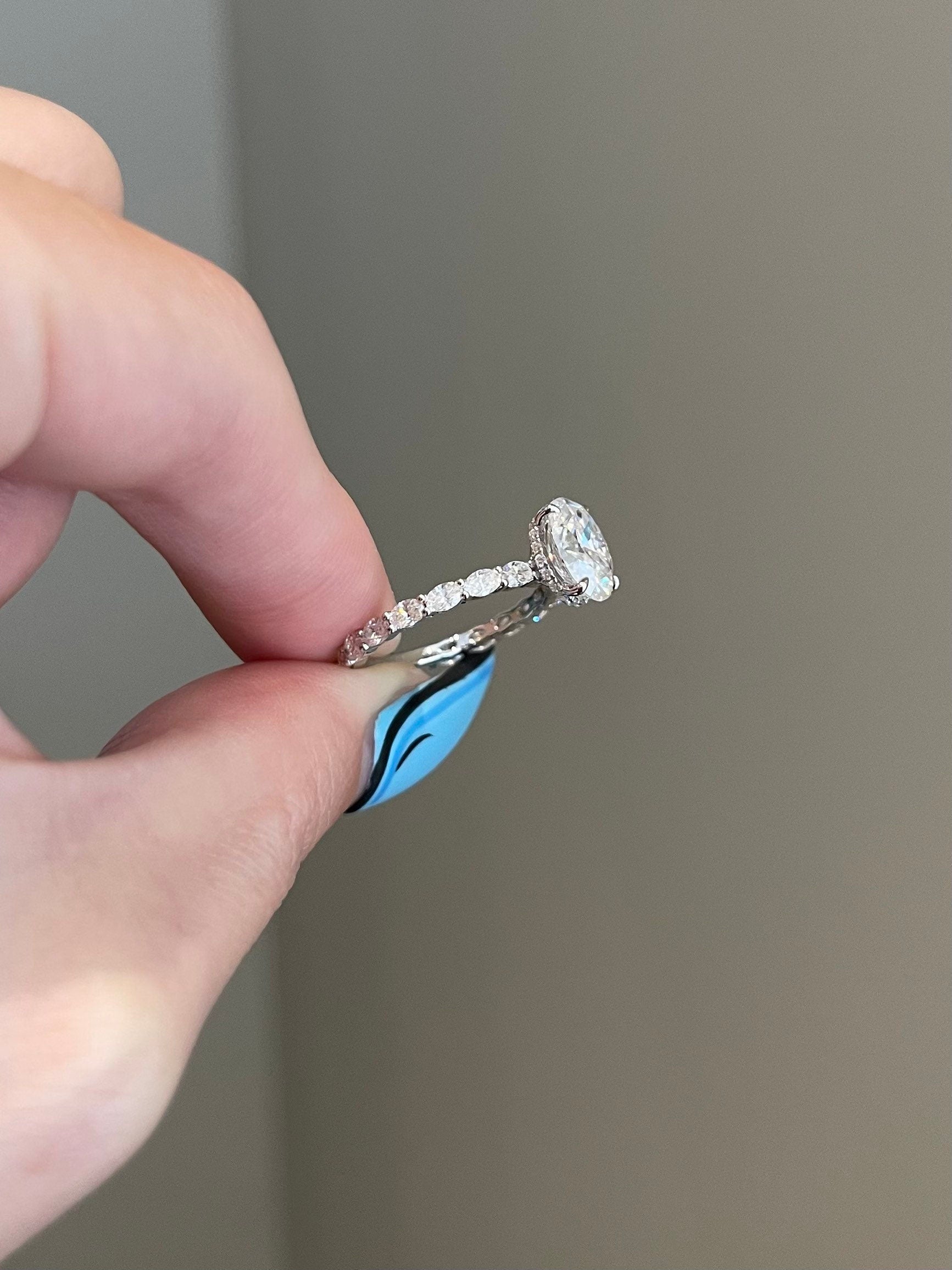 2.0CT Oval Cut Lab Grown Diamond Hidden Halo Pave Engagement Ring