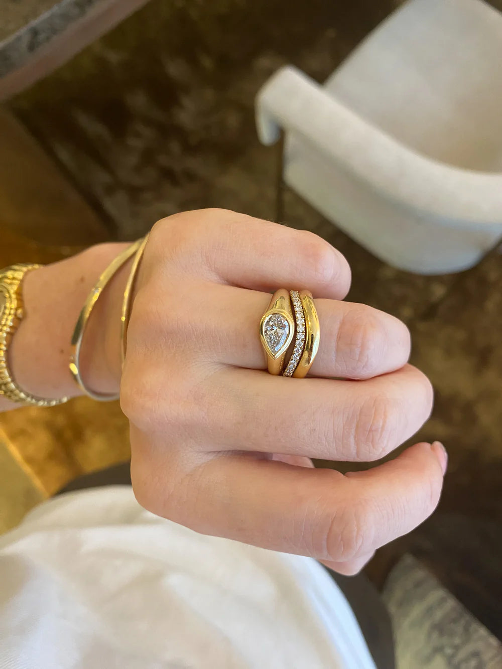 2.0CT Bezel Set East West Pear Lab Grown Diamond Signet Ring