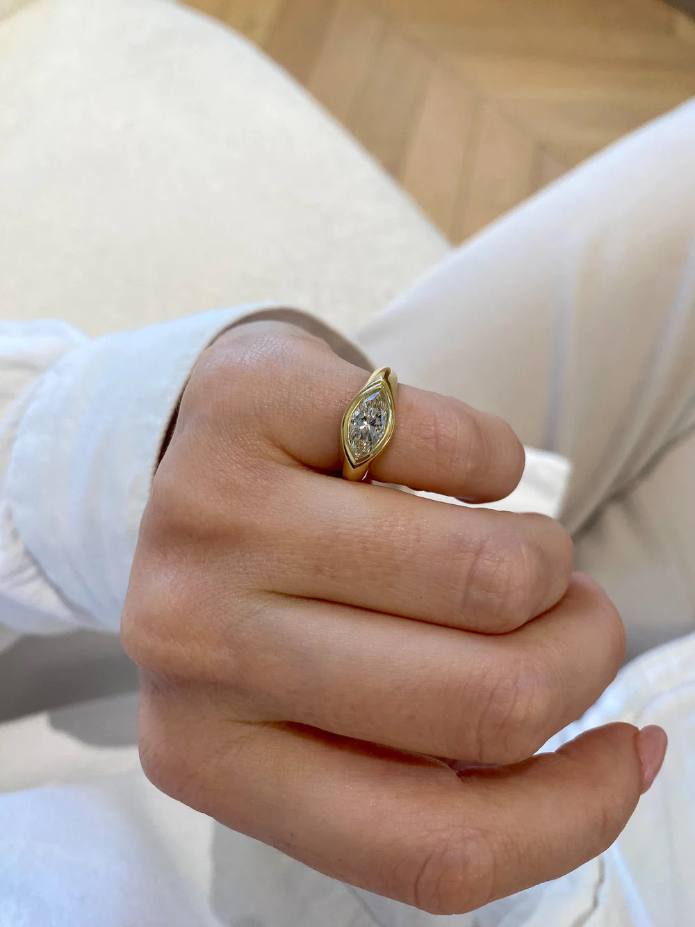 2.0CT Bezel Set East West Marquise Lab Grown Diamond Signet Ring