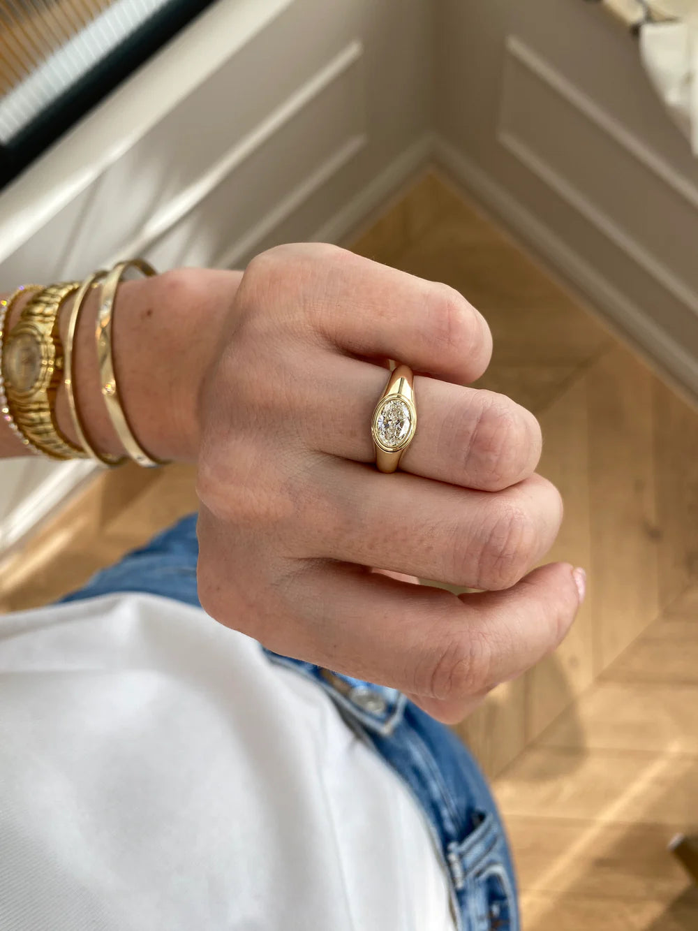 2.0CT Bezel Set East West Oval Lab Grown Diamond Signet Ring