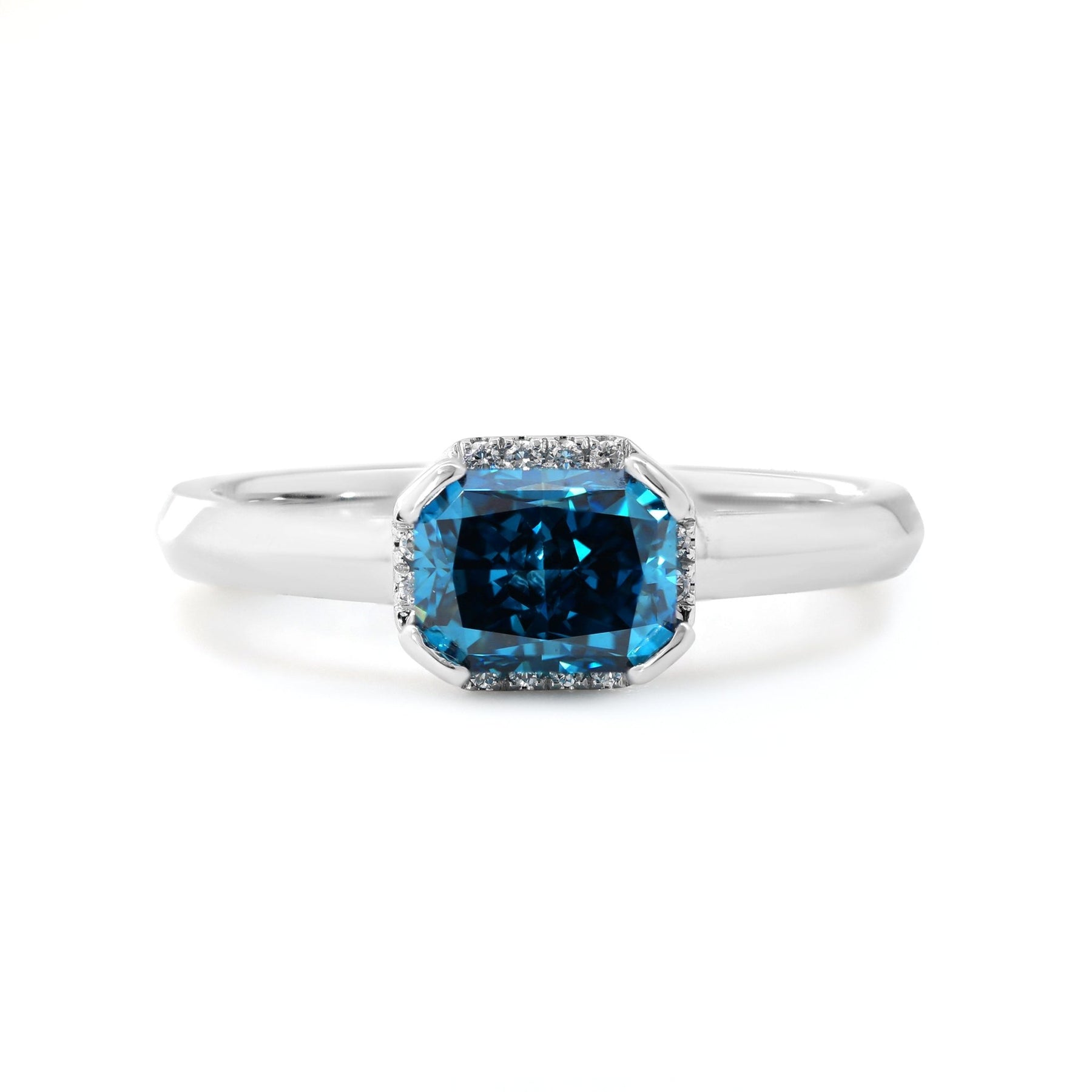 1.0CT East West Radiant Cut Blue Lab Grown Diamond Half Halo Solitaire Engagement Ring