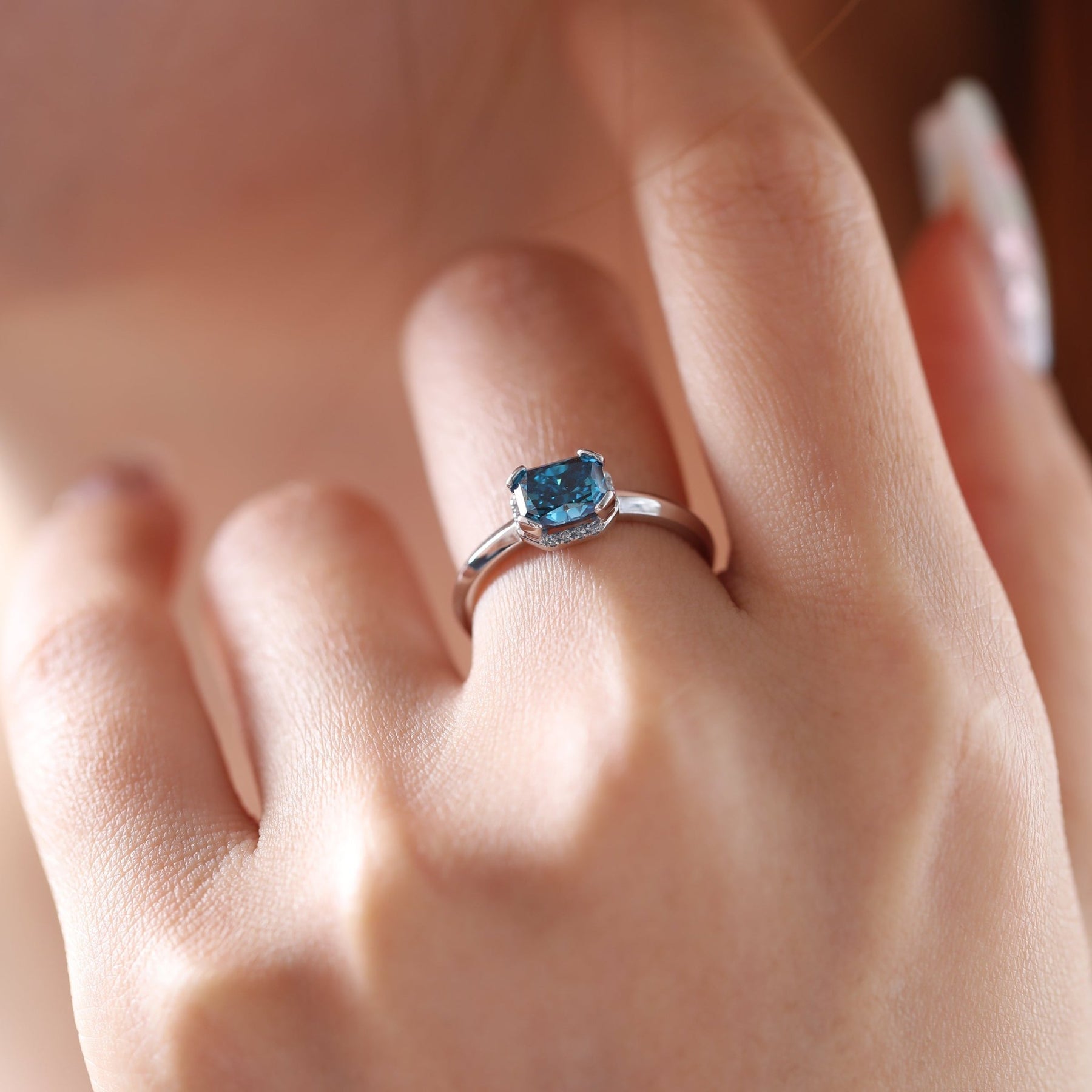 1.0CT East West Radiant Cut Blue Lab Grown Diamond Half Halo Solitaire Engagement Ring