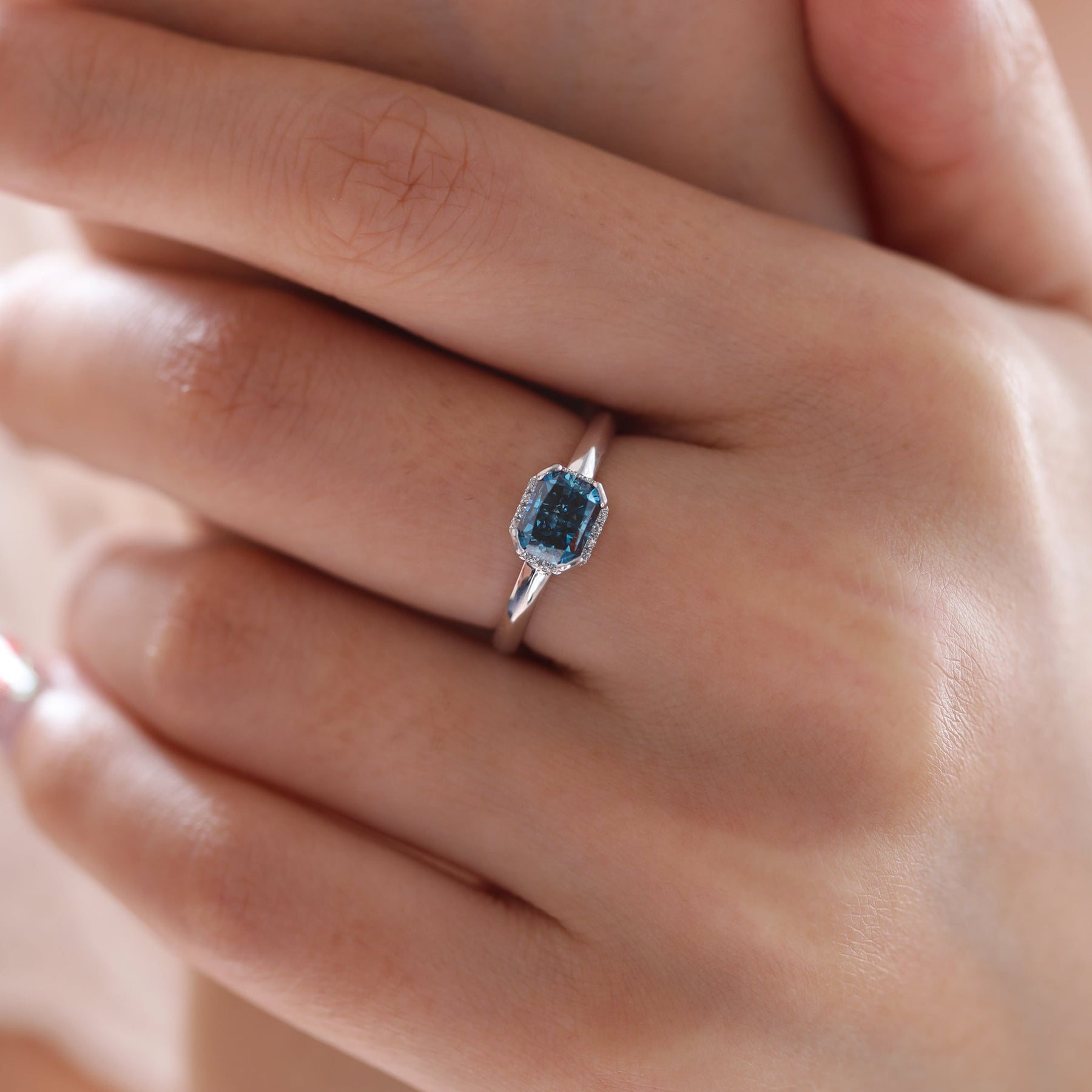 1.0CT East West Radiant Cut Blue Lab Grown Diamond Half Halo Solitaire Engagement Ring