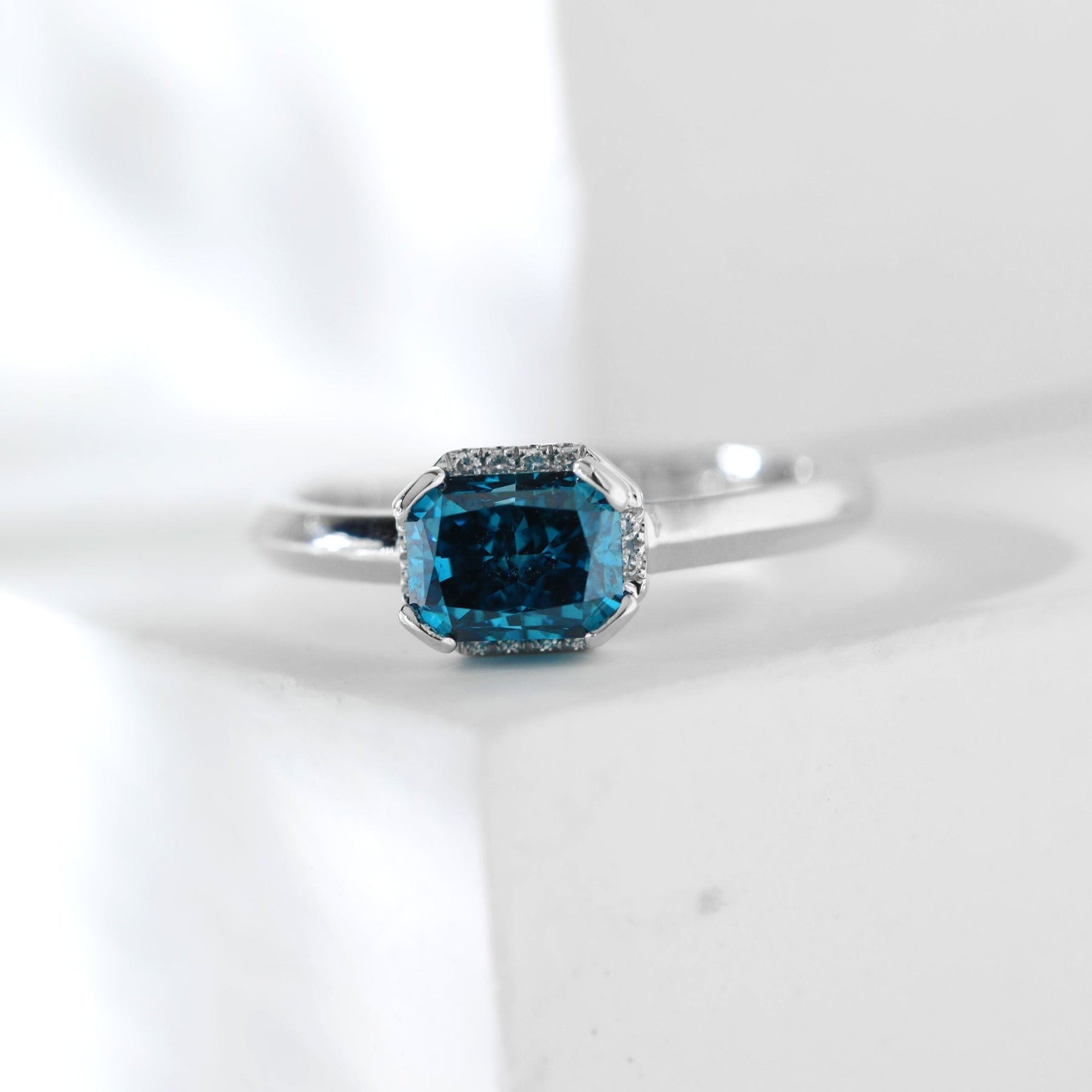 1.0CT East West Radiant Cut Blue Lab Grown Diamond Half Halo Solitaire Engagement Ring