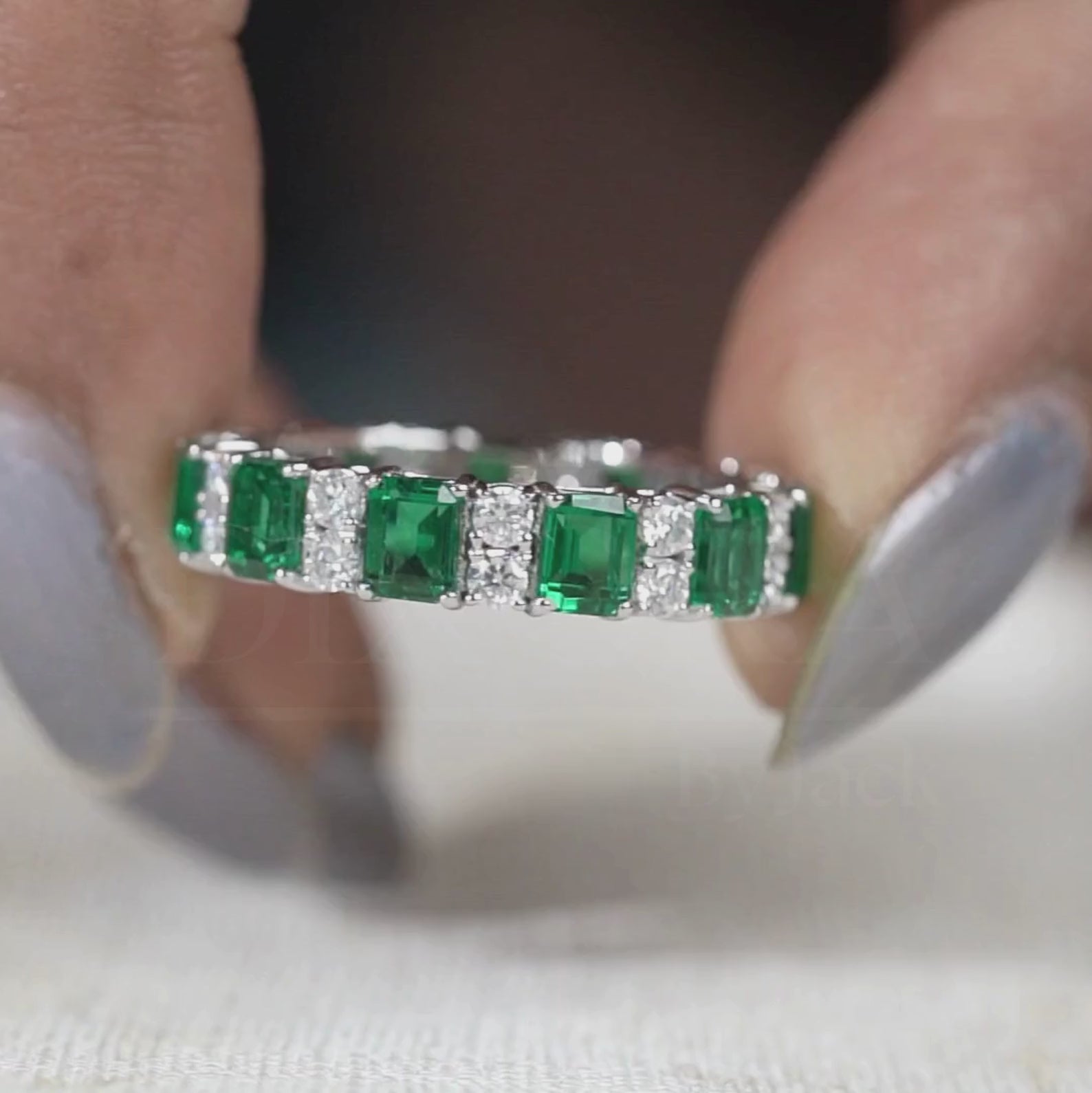Green Emerald & Round Lab Grown Diamond Wedding Band For Women, Full Eternity Band, 14K White Gold Stackable/Matching Band, Anniversary Band