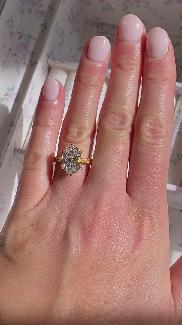 3.0CT Oval Lab Grown Diamond Floral Engraved Hidden Halo Engagement Ring