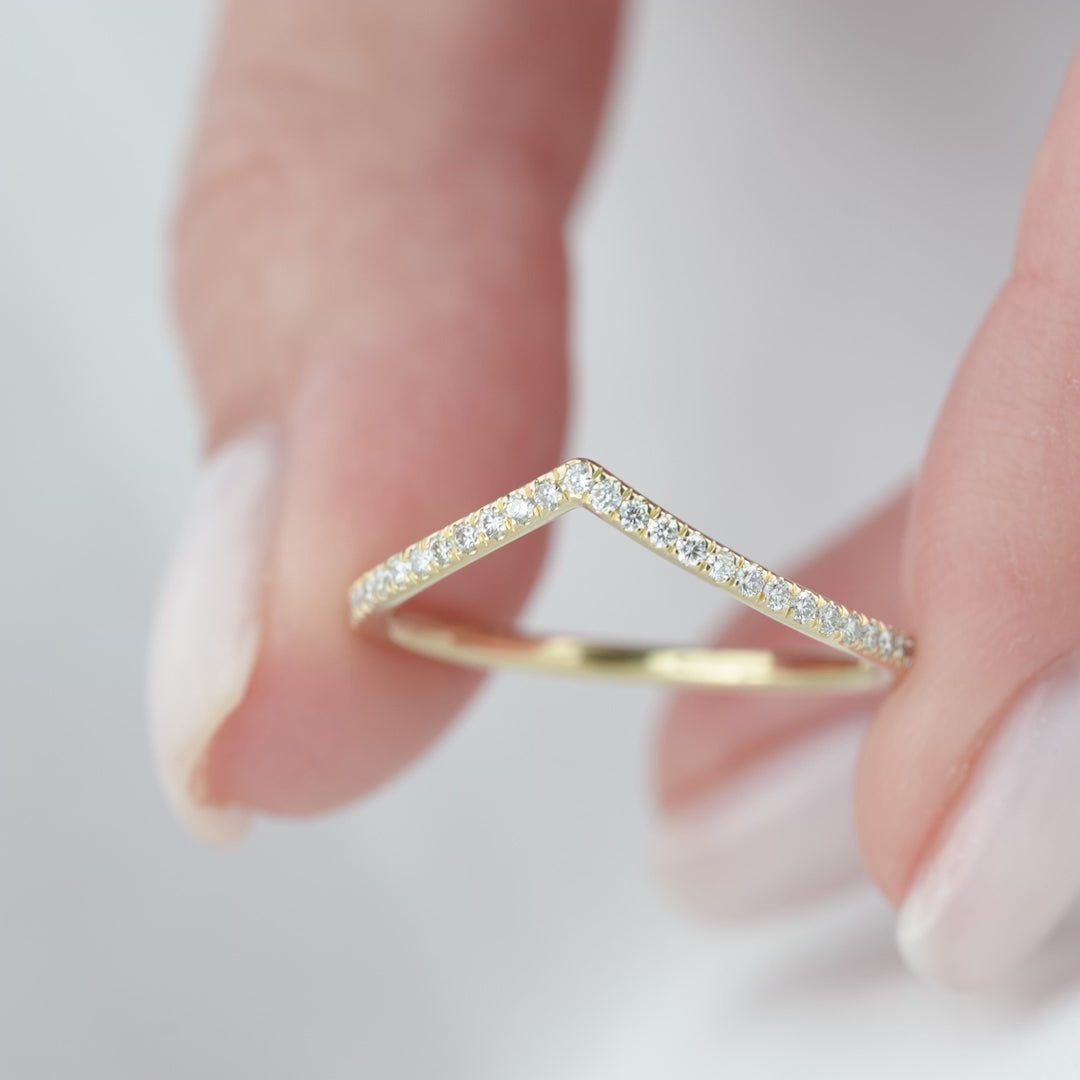 Round Lab Grown Diamond Half Eternity Pave Chevron Wedding Band