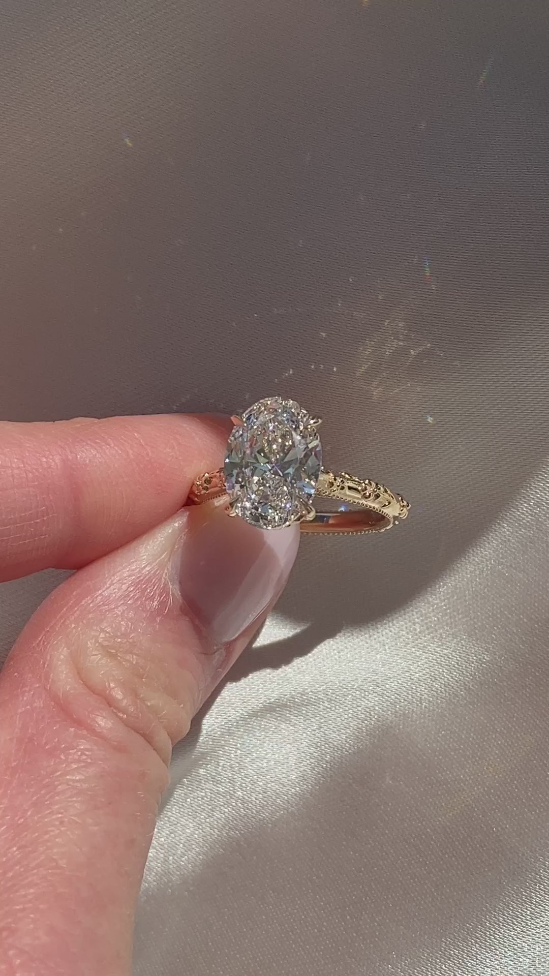 3.0CT Oval Lab Grown Diamond Intricate Floral Hidden Halo Engagement Ring