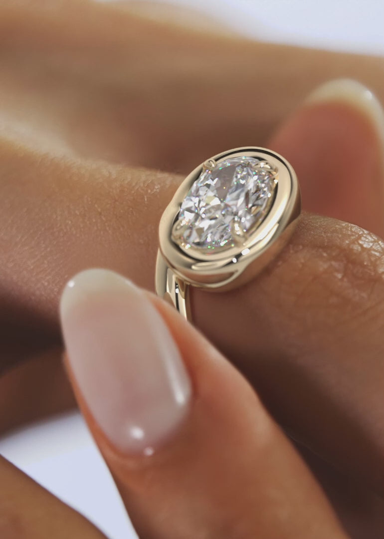 2.0CT Bezel Set Chunky Oval Cut Lab Grown Diamond Collet Engagement Ring