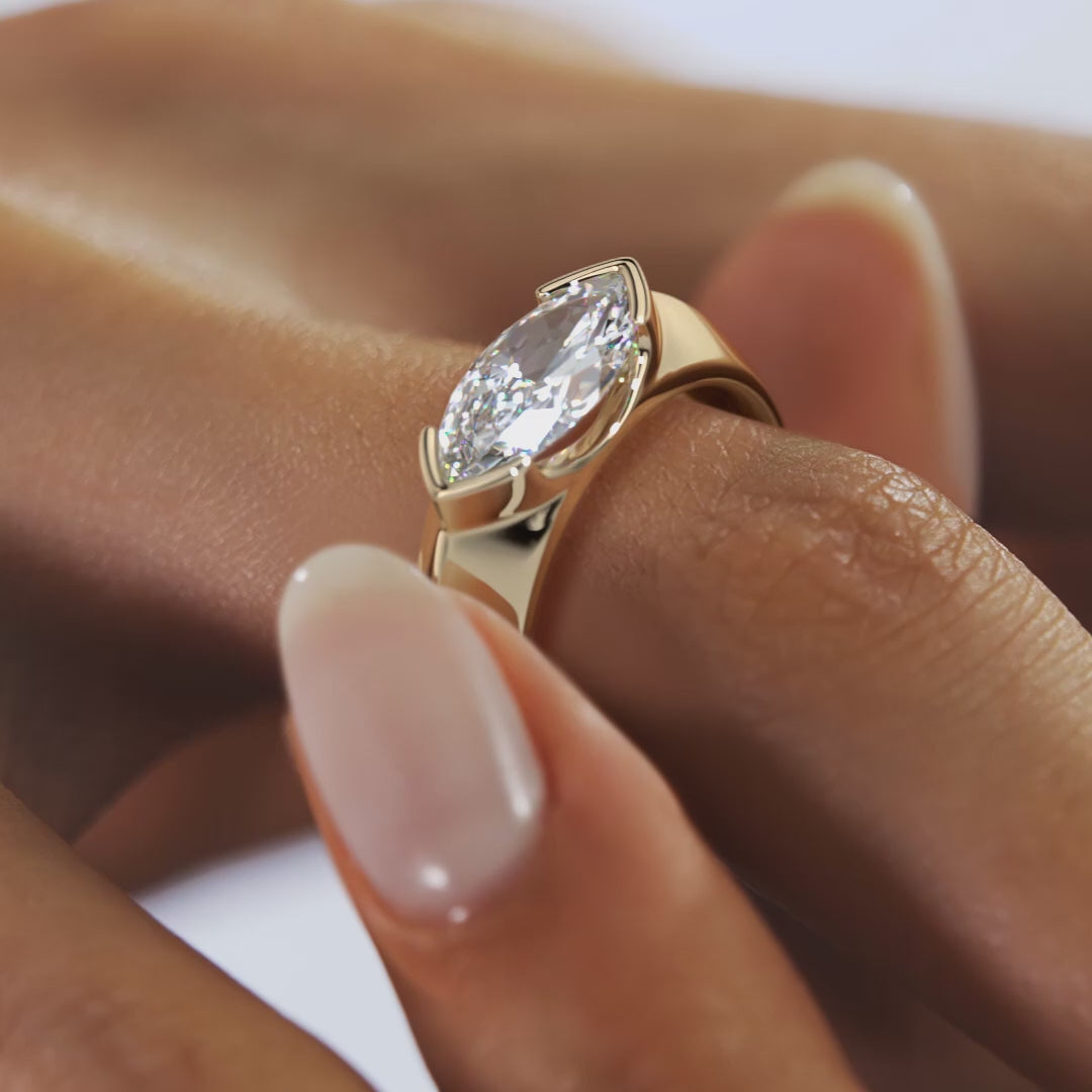 2.0CT Half Bezel Set East West Marquise Lab Grown Diamond Chunky Signet Ring